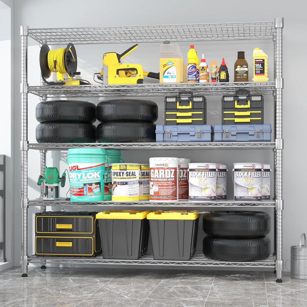 Homdox 5 Tier Heavy Duty Metal Wire Shelving with Wheels, 3000 lbs Capacity Garage Storage Rack, Rolling Industrial Storage, Adjustable Commercial Shelves for Kitchen, Warehouse, 18'x60'x82', Chrome