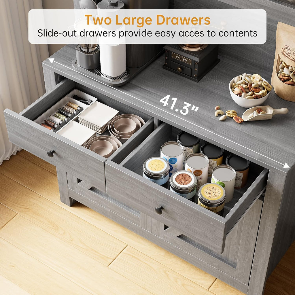 GarveeHome Farmhouse Pantry Cabinet, Kitchen Pantry Storage Cabinet with Microwave Stand, Rustic Buffet Sideboard with Sliding Door, Freestanding Cupboard with Shelves for Dining Room, Dark Grey