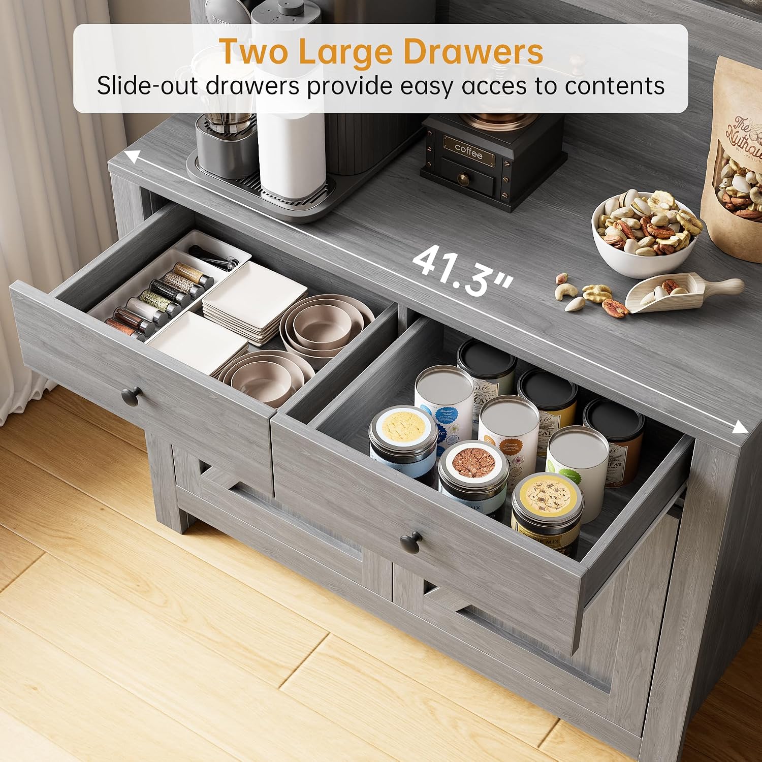 GarveeHome Farmhouse Pantry Cabinet, Kitchen Pantry Storage Cabinet with Microwave Stand, Rustic Buffet Sideboard with Sliding Door, Freestanding Cupboard with Shelves for Dining Room, Dark Grey