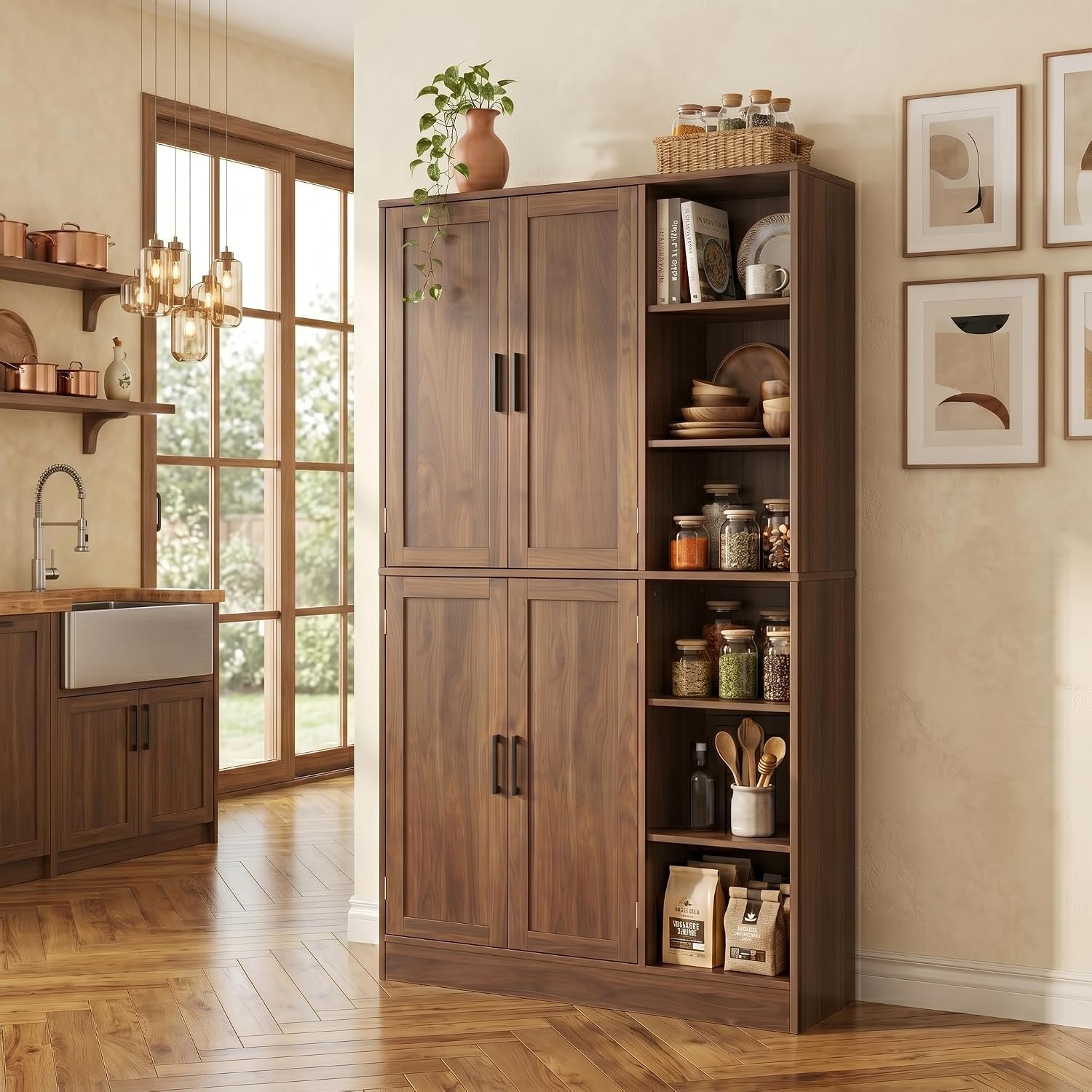 holzart 63' Tall Kitchen Pantry Cabinet, Freestanding Dining Room Storage Hutch with 4 Doors and Adjustable Shelves, Modern Utility Cupboard for Coffee Bar and Microwave, Brown