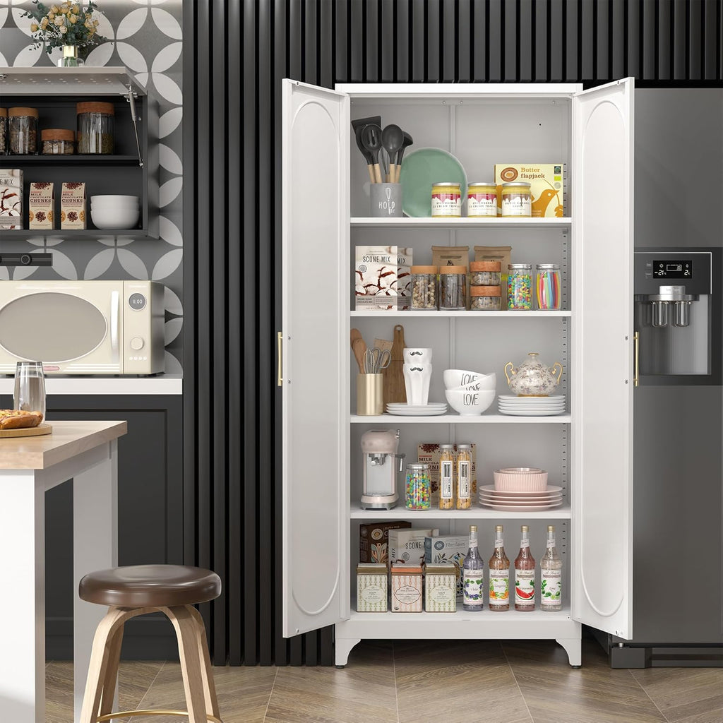 SteeLoong Kitchen Pantry Cabinet,75 Inch White Metal Storage Cabinet with Door and Adjustable, Tall Pantry Cabinets for Kitchen Storage,Cupboard for Living Room,Dining Room and Bathroom