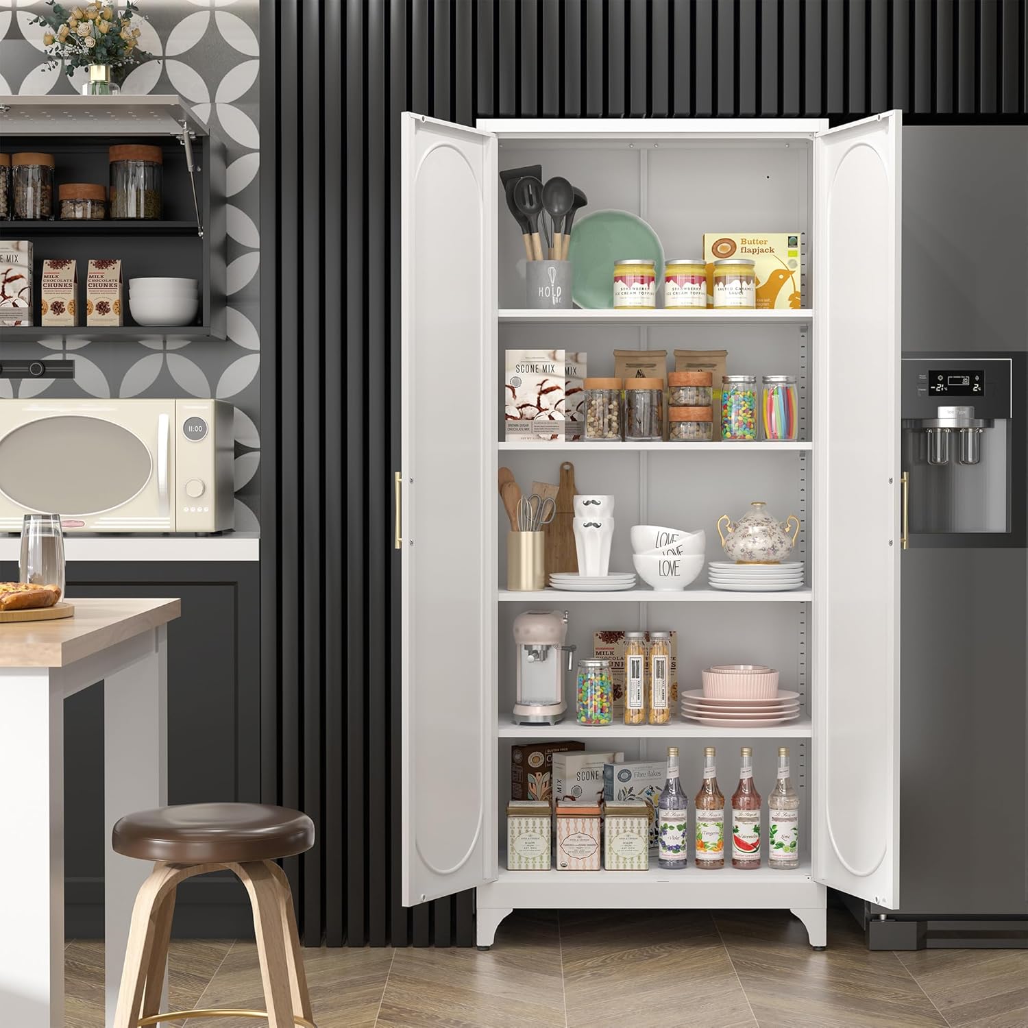 SteeLoong Kitchen Pantry Cabinet,75 Inch White Metal Storage Cabinet with Door and Adjustable, Tall Pantry Cabinets for Kitchen Storage,Cupboard for Living Room,Dining Room and Bathroom