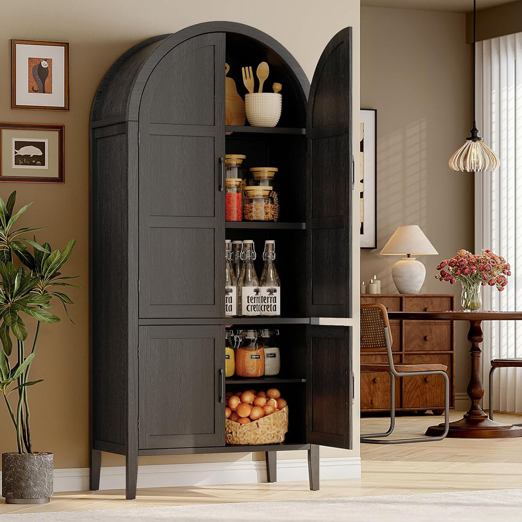 ONBRILL 71' Tall Wooden Arched Cabinet, 5-Tier Arched Kitchen Pantry Cabinet with Doors & Shelves, Farmhouse Kitchen Arch Cabinets with Adjustable Feet, Wooden Pantry Storage for Dining Room(Black)