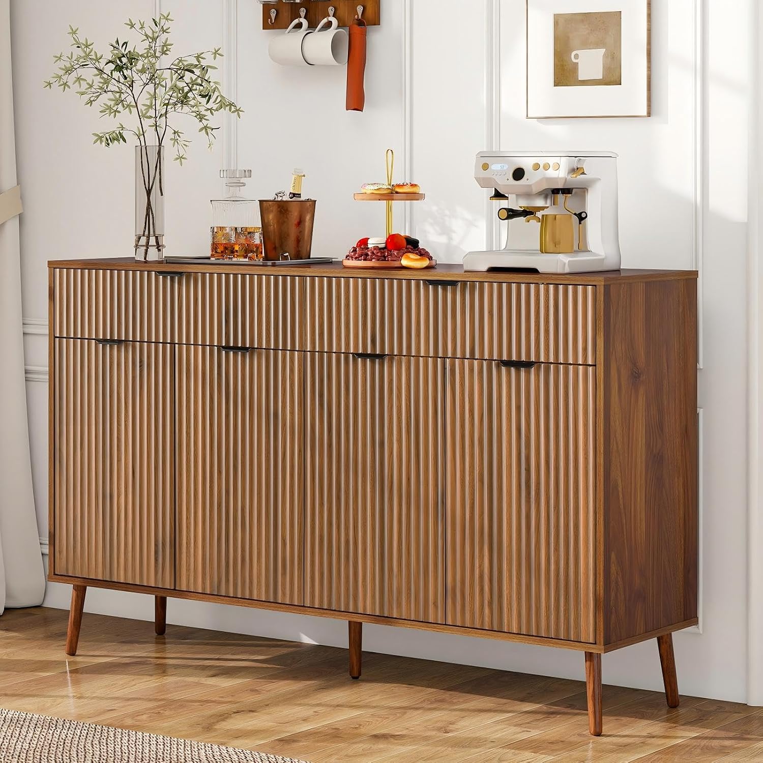 LYNCOHOME Fluted Sideboard Buffet Cabinet with Storage,2 Drawers and 4 Doors,Wood Coffee Bar Cabinet with Solid Wood Feet for Kitchen,Hallway