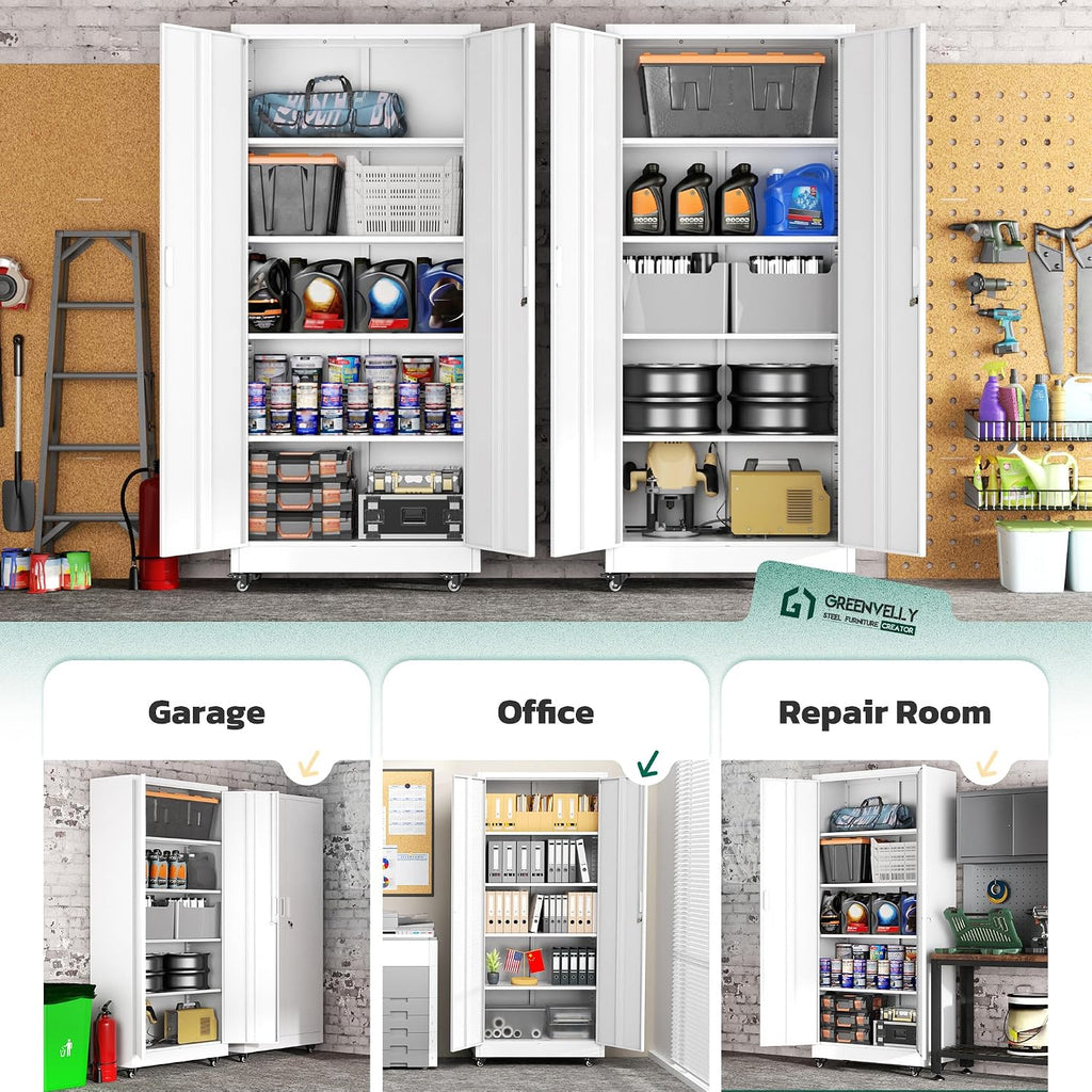 Greenvelly 73' Rolling Storage Cabinet,White Metal Garage Cabinet with Locking Doors and 4 Adjustable Shelves for Home,Kitchen,Office,Warehouse(32' W x 16' D,Wheels)