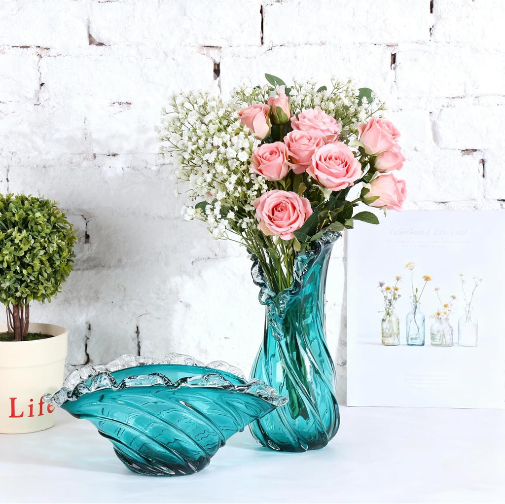 Hand Blown Blue Large Glass Vase Set - Artistic Clear Blue Vase for Coastal & Modern Home Decor, Ocean Wave Vase Design Light Luxury Style for Home Decor, Centerpiece, Office (XL)
