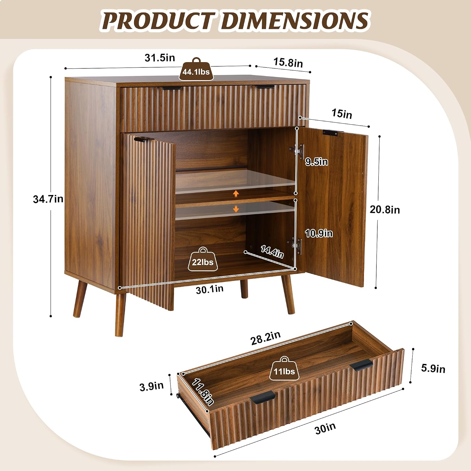 LYNCOHOME Fluted Sideboard Buffet Cabinet with Storage, 1 Drawers and 2 Doors,Solid Wood Feet for Kitchen, Hallway