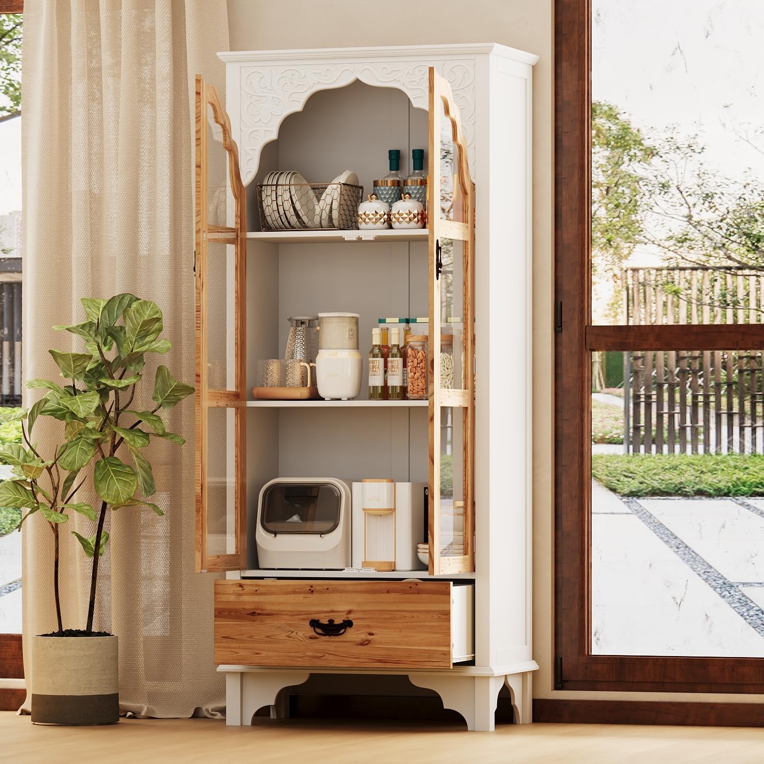 FUFU&GAGA 70.9' Tall Kitchen Pantry with Glass Doors & Drawer, Vintage Display Storage Cabinet with 3 Shelves, Buffet Cupboard for Kitchen, Living Room, Brown and White, 15.7'D x 31.5'W x 70.9'H