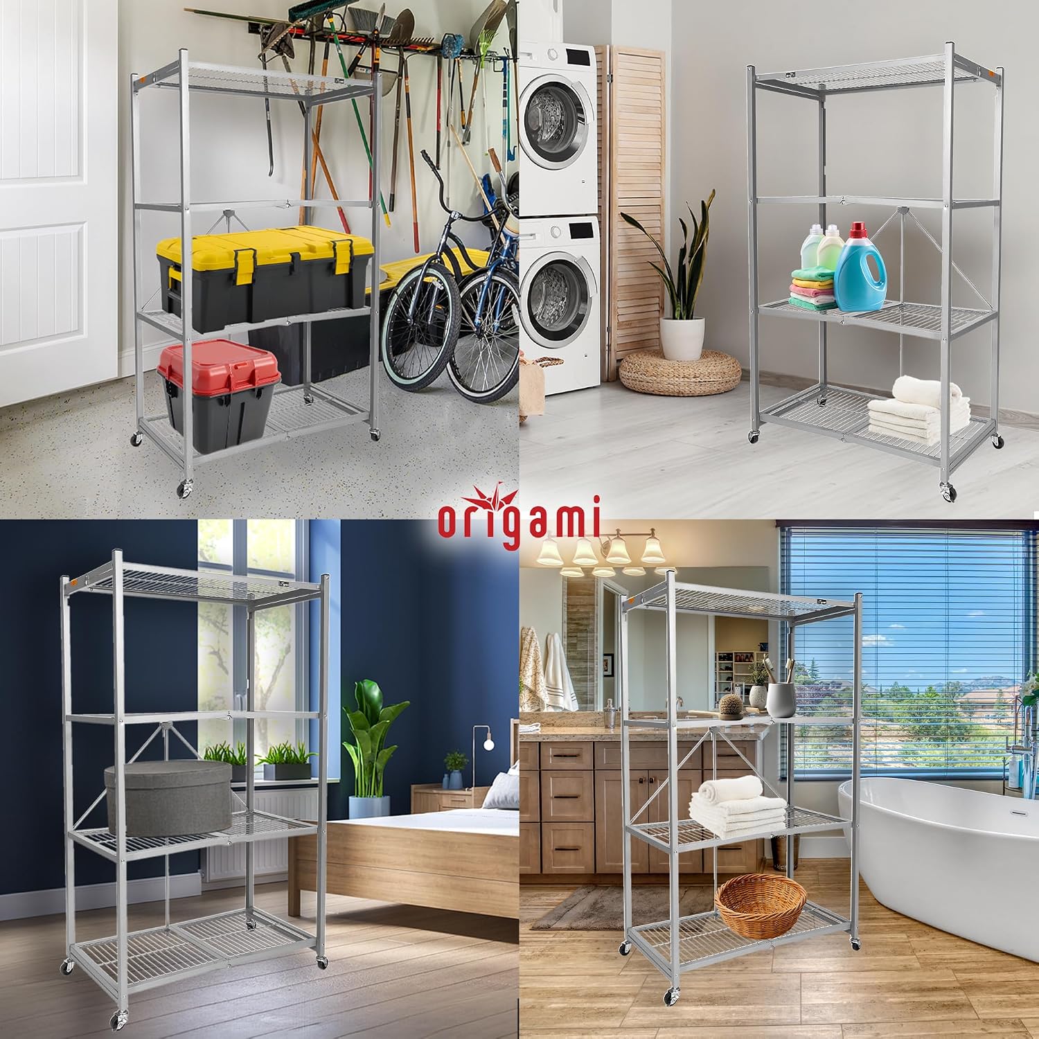 Origami 4 Tier Folding Storage Rack Unit w/Set of 4 Magnetic Wire Shelf Liners