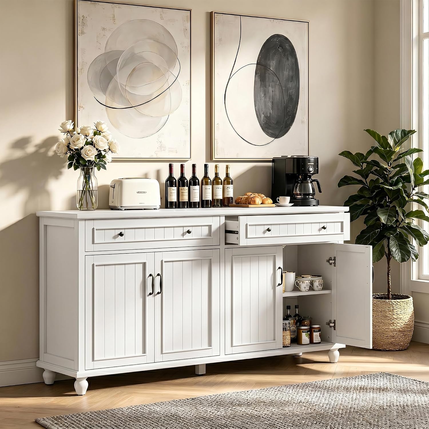Scurrty Sideboard Buffet Cabinet, 62'' Large Storage Cabinet with Drawers and 4 Doors, Vintage Coffee Bar Cabinets with Adjustable Shelf for Kitchen, Living Room, White