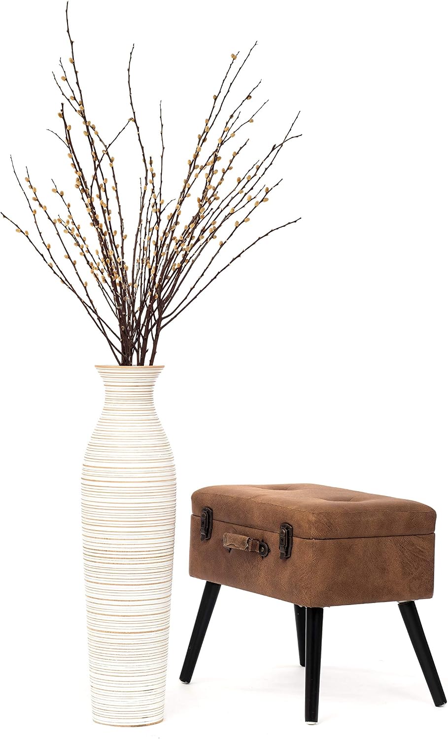 Leewadee Large White Home Decor Floor Vase - Wooden 26 inch Tall Farmhouse Decor Flower Holder for Fake Plant and Pampas Grass