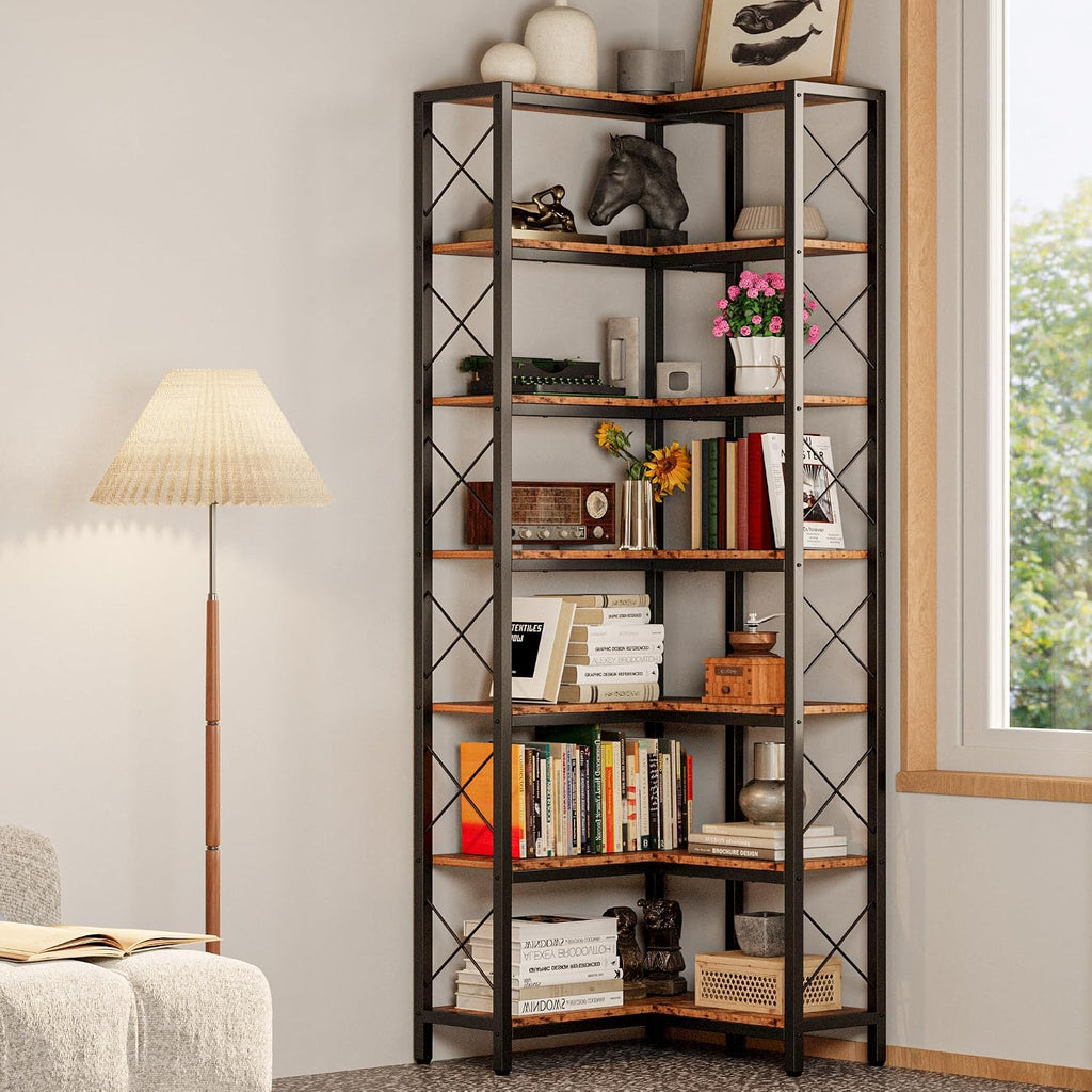 IRONCK Corner Bookshelf, 7-Tier Industrial Corner Bookcase, Tall Corner Shelf Storage Display Rack with Metal Frame for Living Room Home Office, Vintage Brown