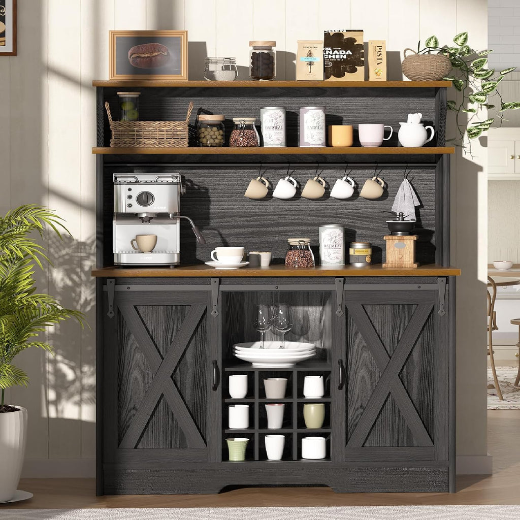 BestHaped Farmhouse Coffee Bar Cabinet with 3 Tier Storage Hutch, 47'' Coffee Bar Station with Sliding Barn Door, Hutch Storage Cabinet with 9 Wine Racks & 9 Hooks for Kitchen Dining Living Room