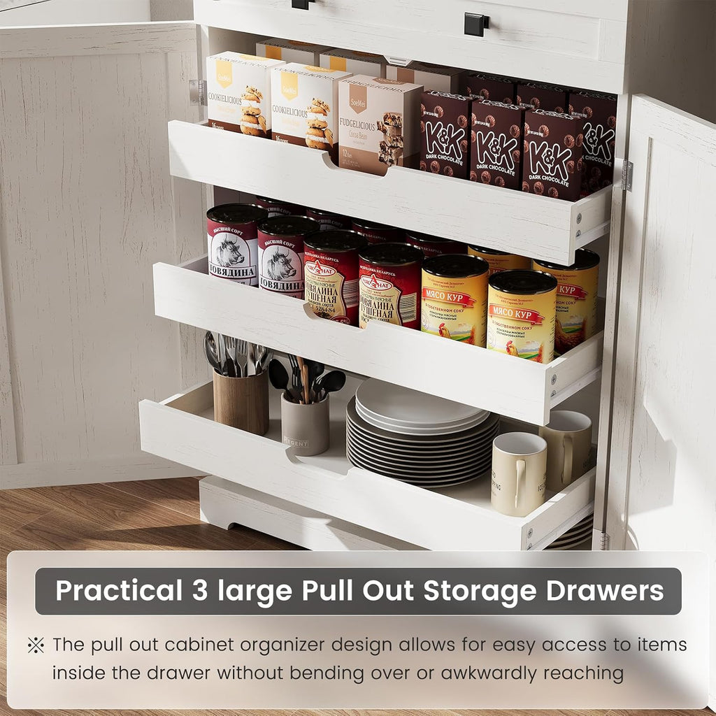 72' Kitchen Pantry Cabinet, Pantry Storage Cabinet with 8 Door Shelves and 3 Pull Out Shelves, Tall Pantry Cabinet with Adjustable Shelf and Large Drawer, Farmhouse Food Kitchen Hutch, For Dining Room