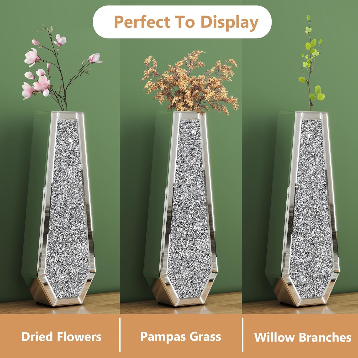 SHYFOY 30' Floor Vase Crushed Diamond Mirrored Vase Silver Tall Vases for Floor, Large Crystal Glass Decorative Floor Vases for Living Room Office Corner Hallway Home Decor