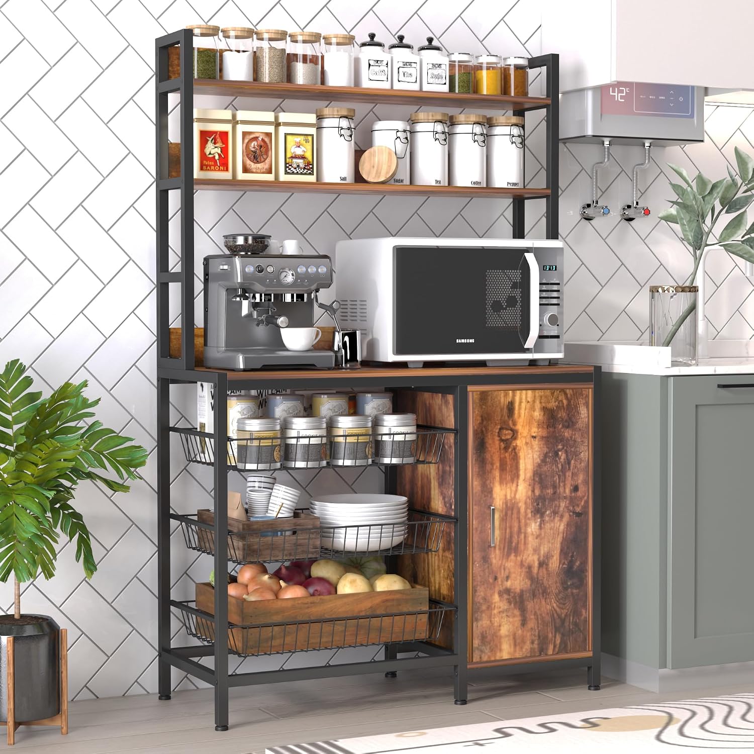 Kitchen Bakers Rack with Baskets and Door Cabinet,5-Tier Free Standing Storage Shelf Rack,Industrial Microwave Oven Stand for Kitchen, Dining Room,Living Room