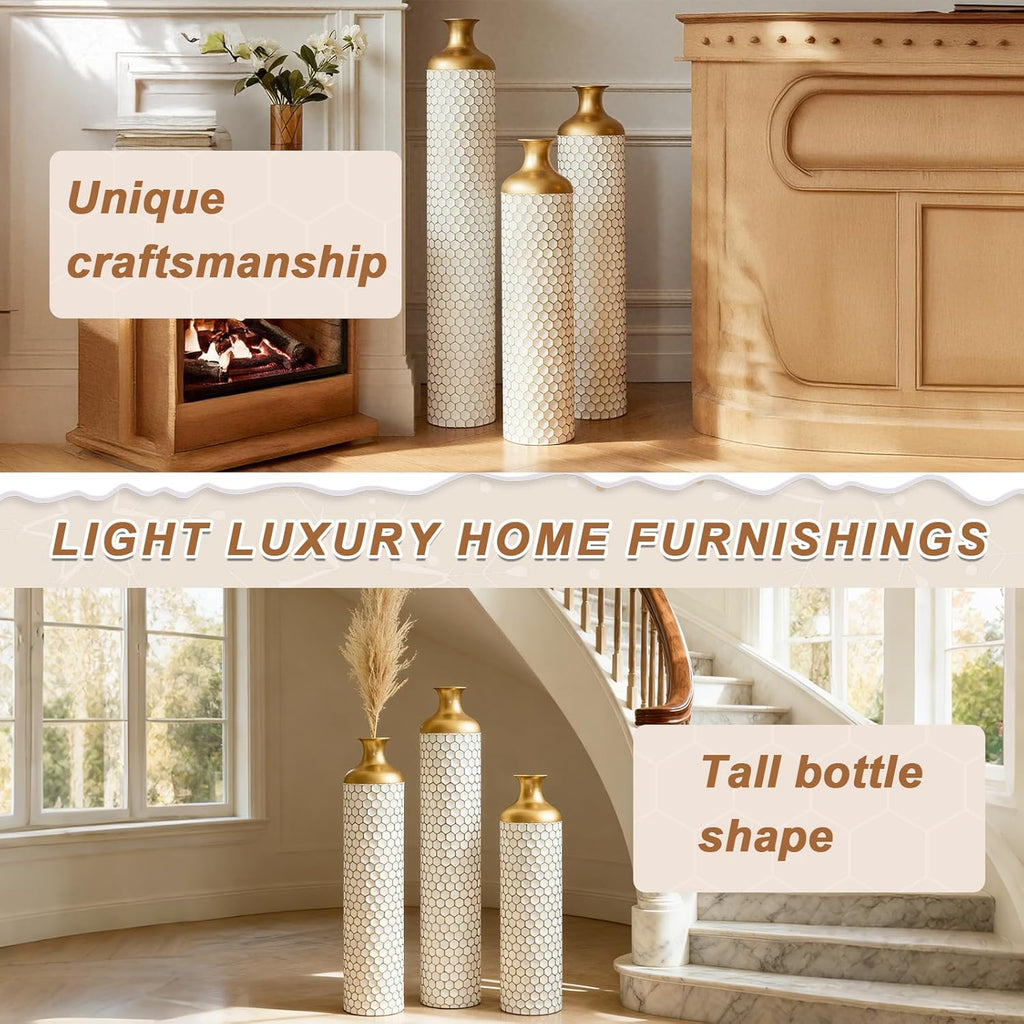 3-piece/Set Large Metal Floor Vases, Decorative Tall Set of 3 Handmade Vintage Modern Home Decor Center Vases Standing Flower Holder for Home Décor Indoor (White Gold Cellular)