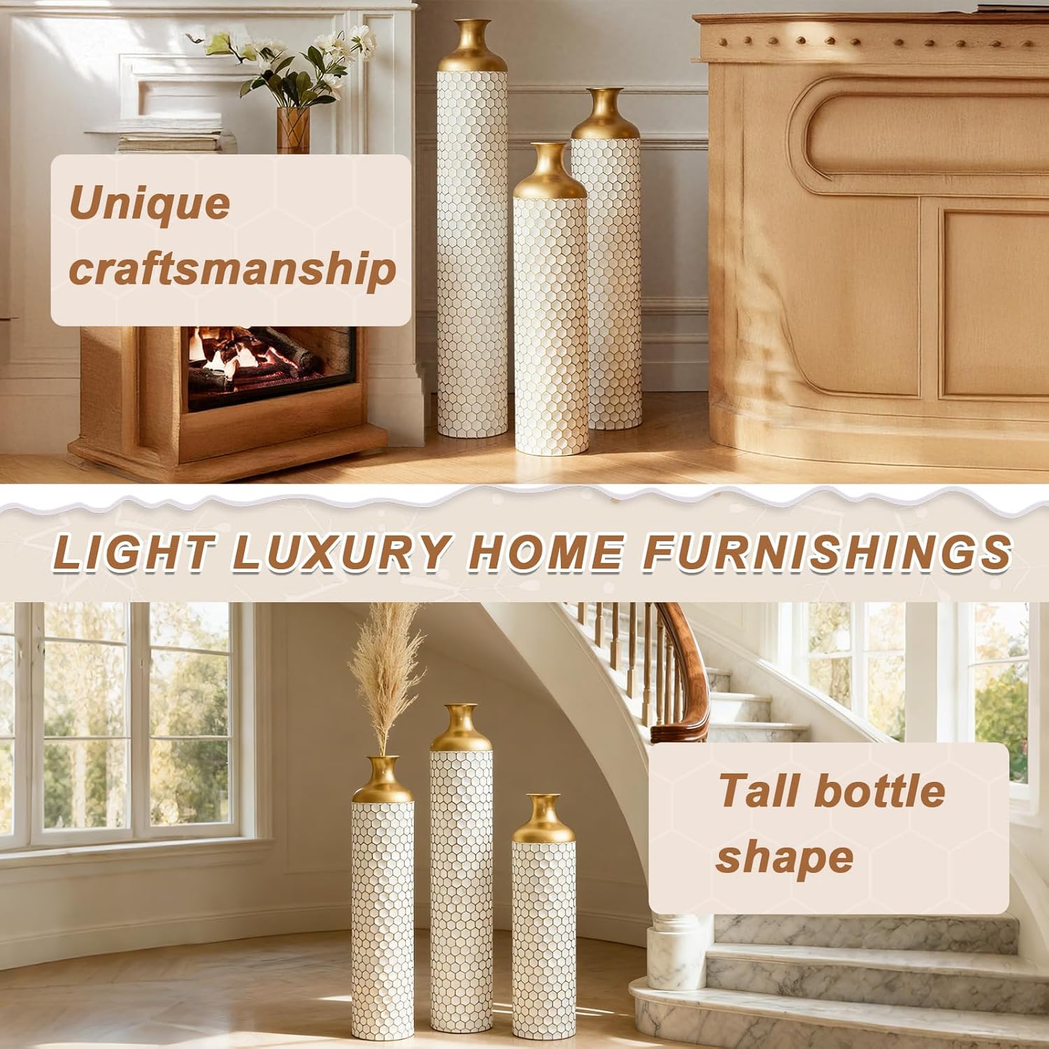 3-piece/Set Large Metal Floor Vases, Decorative Tall Set of 3 Handmade Vintage Modern Home Decor Center Vases Standing Flower Holder for Home Décor Indoor (White Gold Cellular)