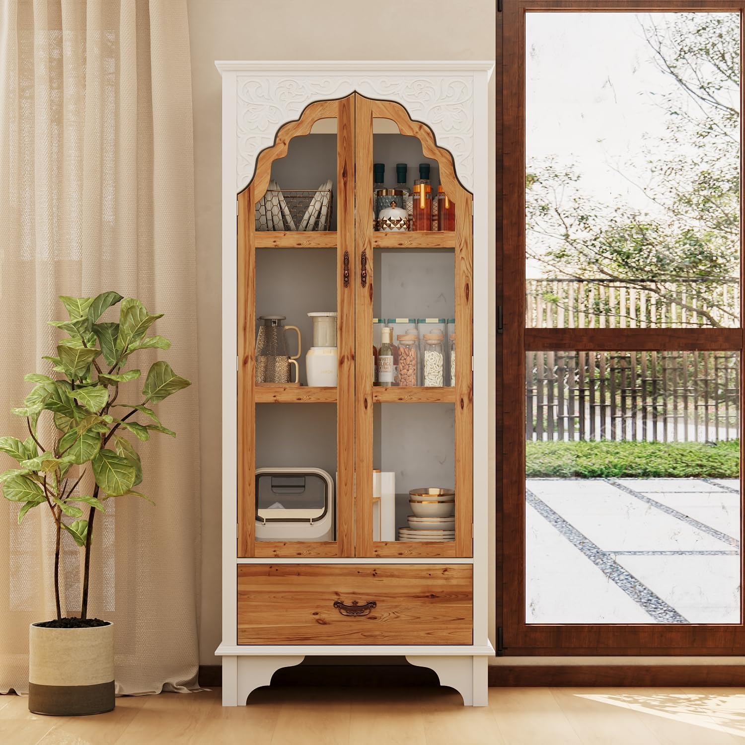 FUFU&GAGA 70.9' Tall Kitchen Pantry with Glass Doors & Drawer, Vintage Display Storage Cabinet with 3 Shelves, Buffet Cupboard for Kitchen, Living Room, Brown and White, 15.7'D x 31.5'W x 70.9'H