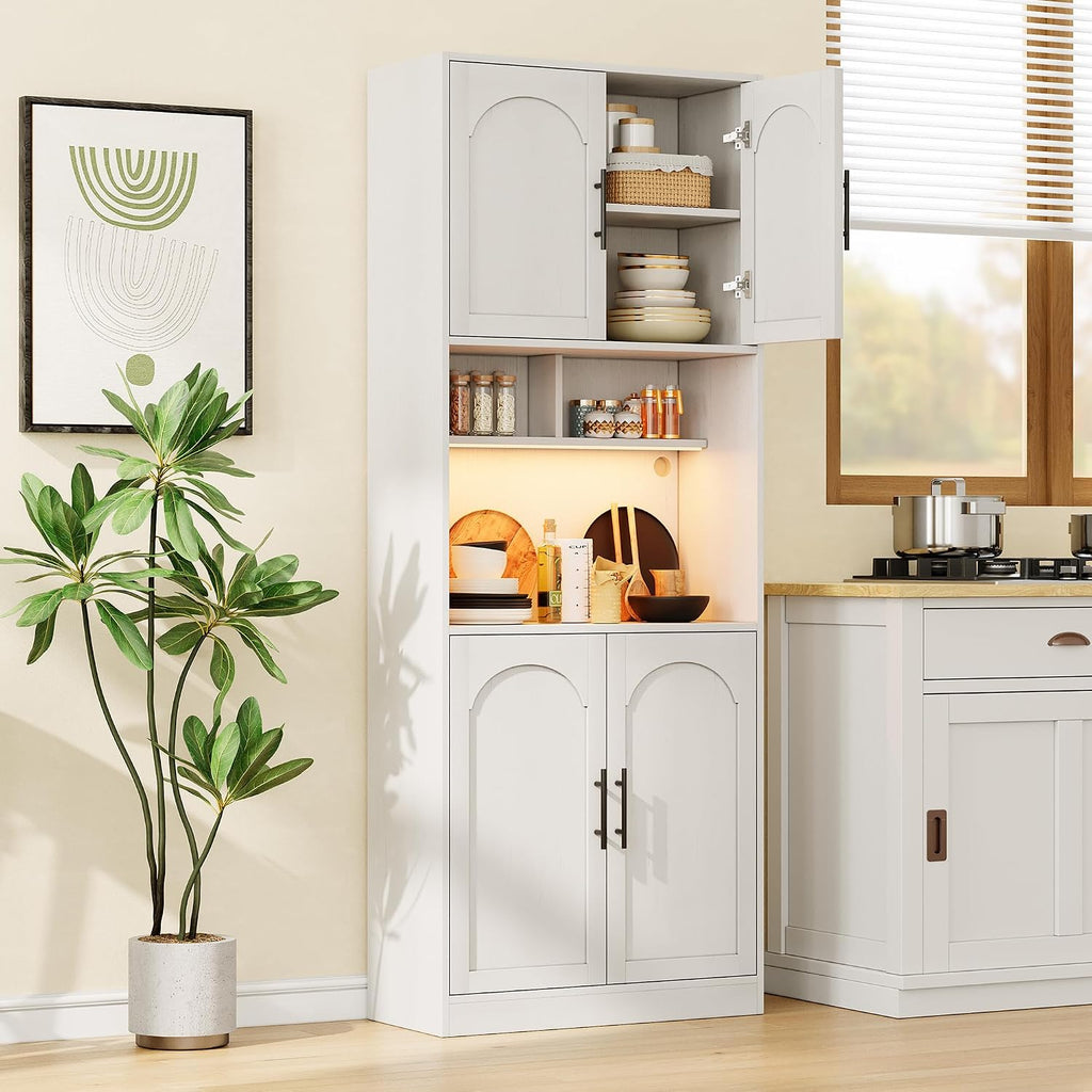 71' Tall Pantry Cabinet with Countertop, Kitchen Cabinets with LED Light Strip & Microwave Shelf, Kitchen Hutch Storage Cabinet with Adjustable Shelves for Dining Room, White