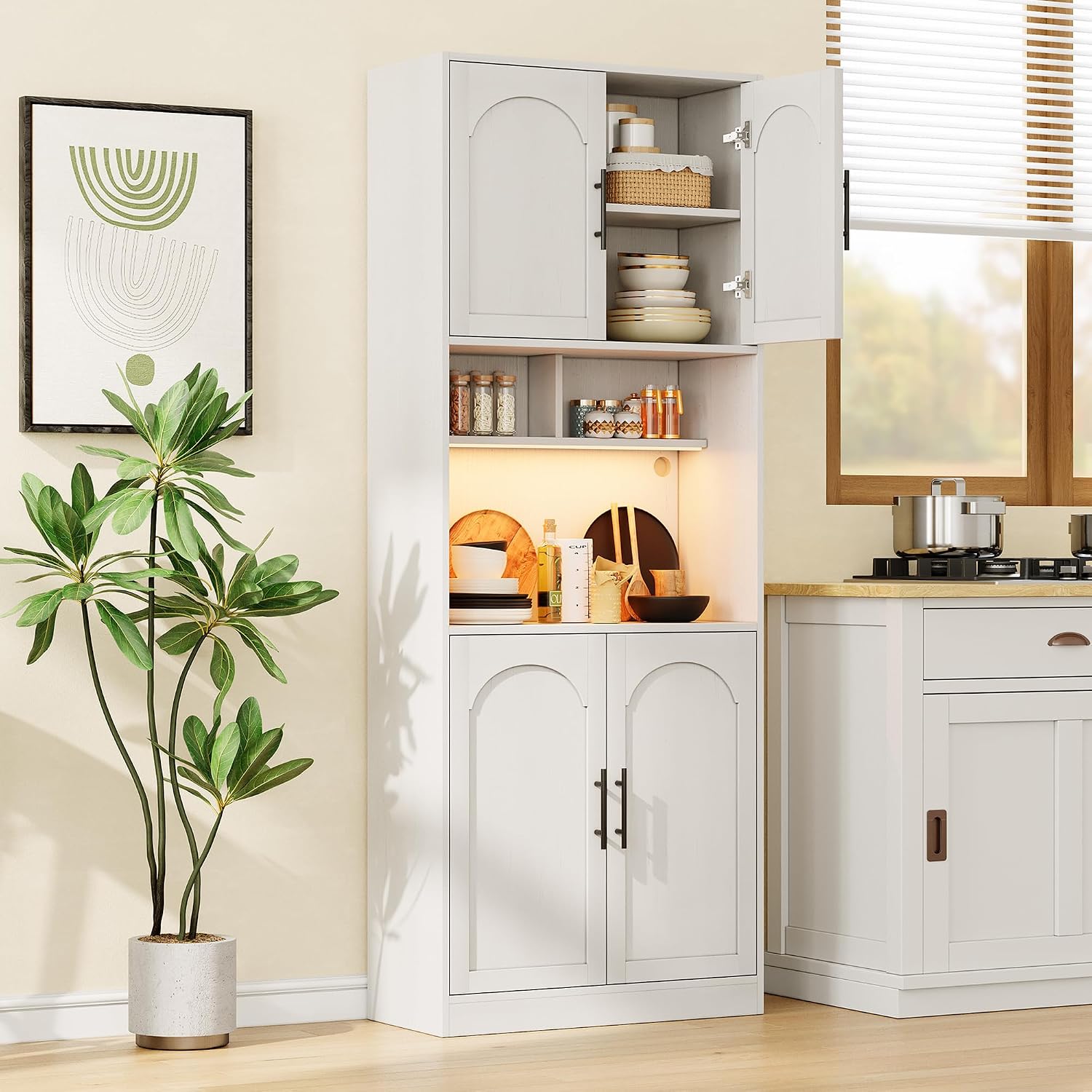71' Tall Pantry Cabinet with Countertop, Kitchen Cabinets with LED Light Strip & Microwave Shelf, Kitchen Hutch Storage Cabinet with Adjustable Shelves for Dining Room, White