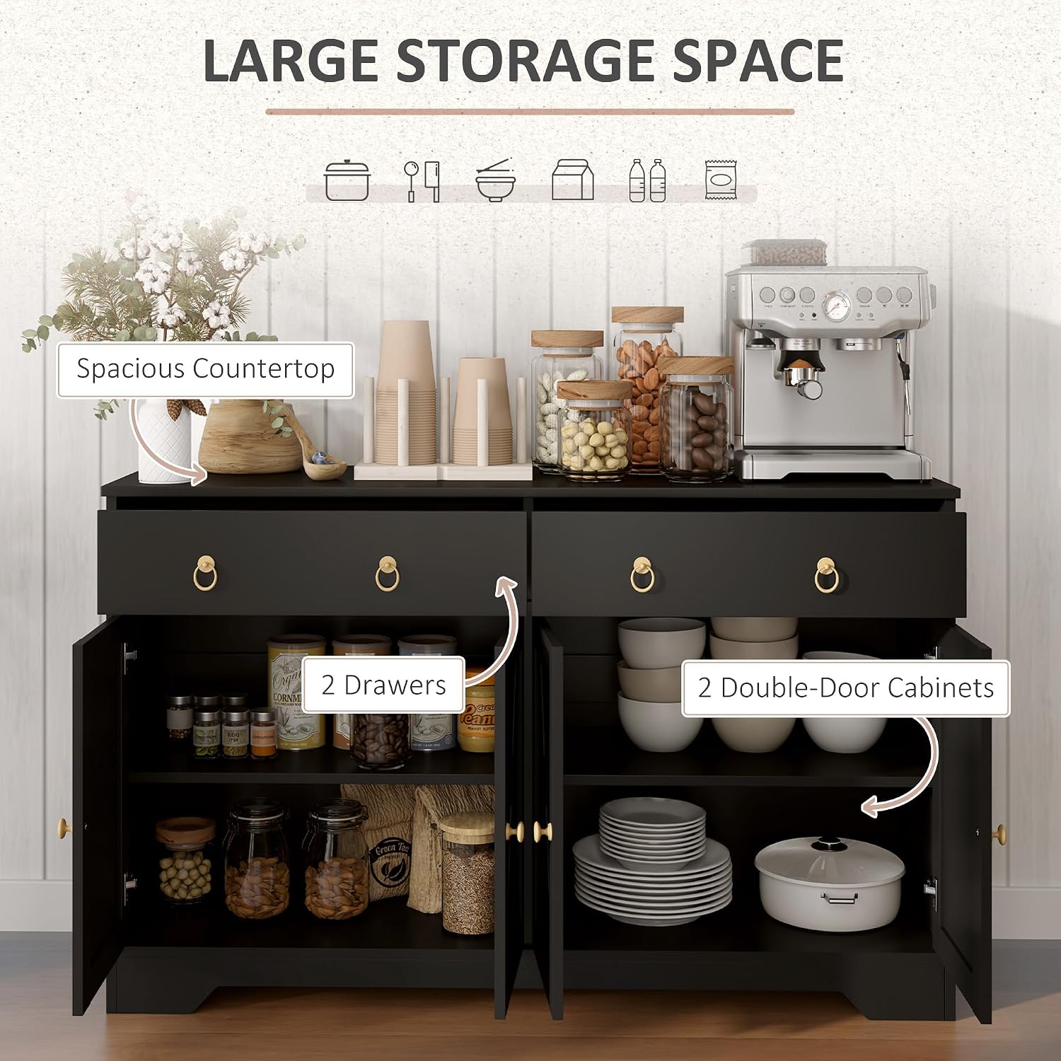 HOMCOM 48' Sideboard Buffet with Storage, Kitchen Storage Cabinet with 2 Drawers and 4 Barn Doors, Farmhouse Coffee Bar Cabinet with Adjustable Shelves, Black