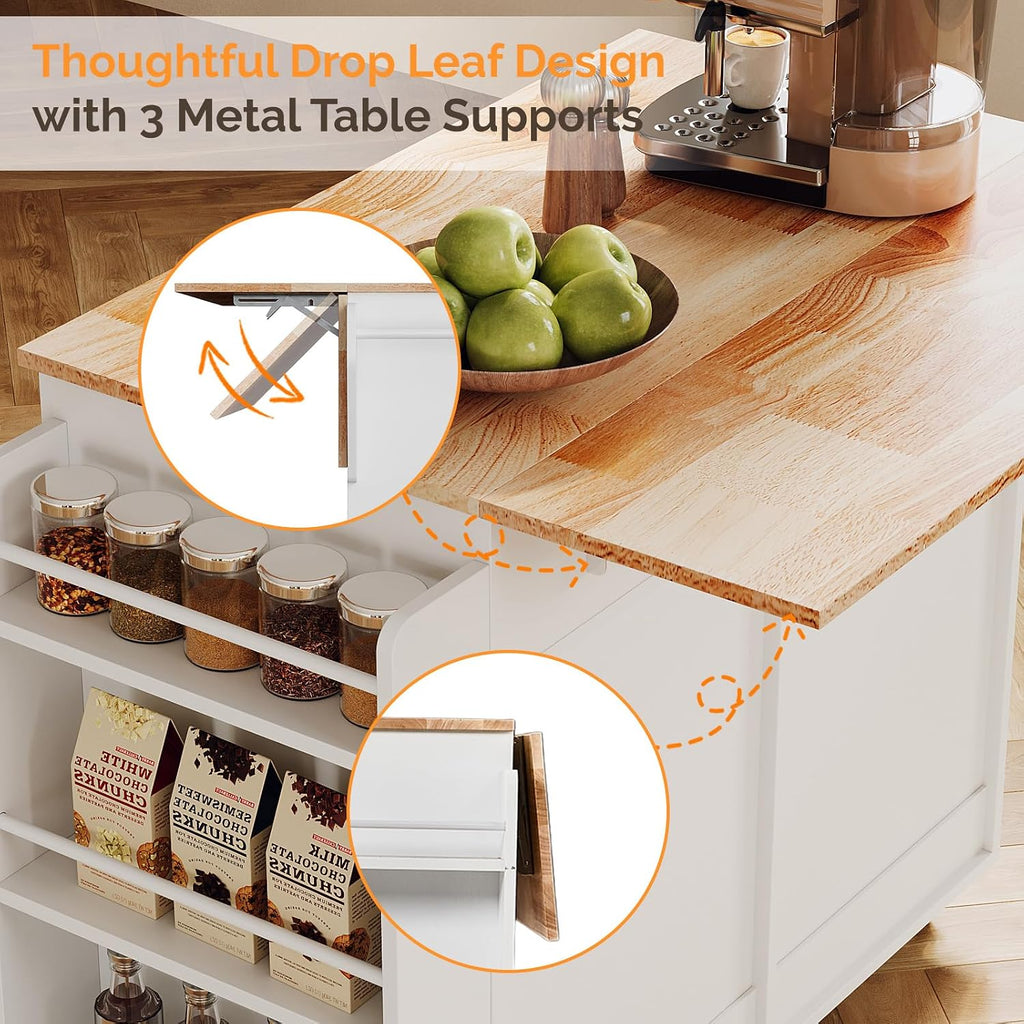 VINGLI Fluted Kitchen Island with Storage, Rolling Kitchen Cart on Wheels with 2 Drawers & 4 Doors, Adjustable Shelves, Portable Kitchen Island with Rubber Wood Top, White
