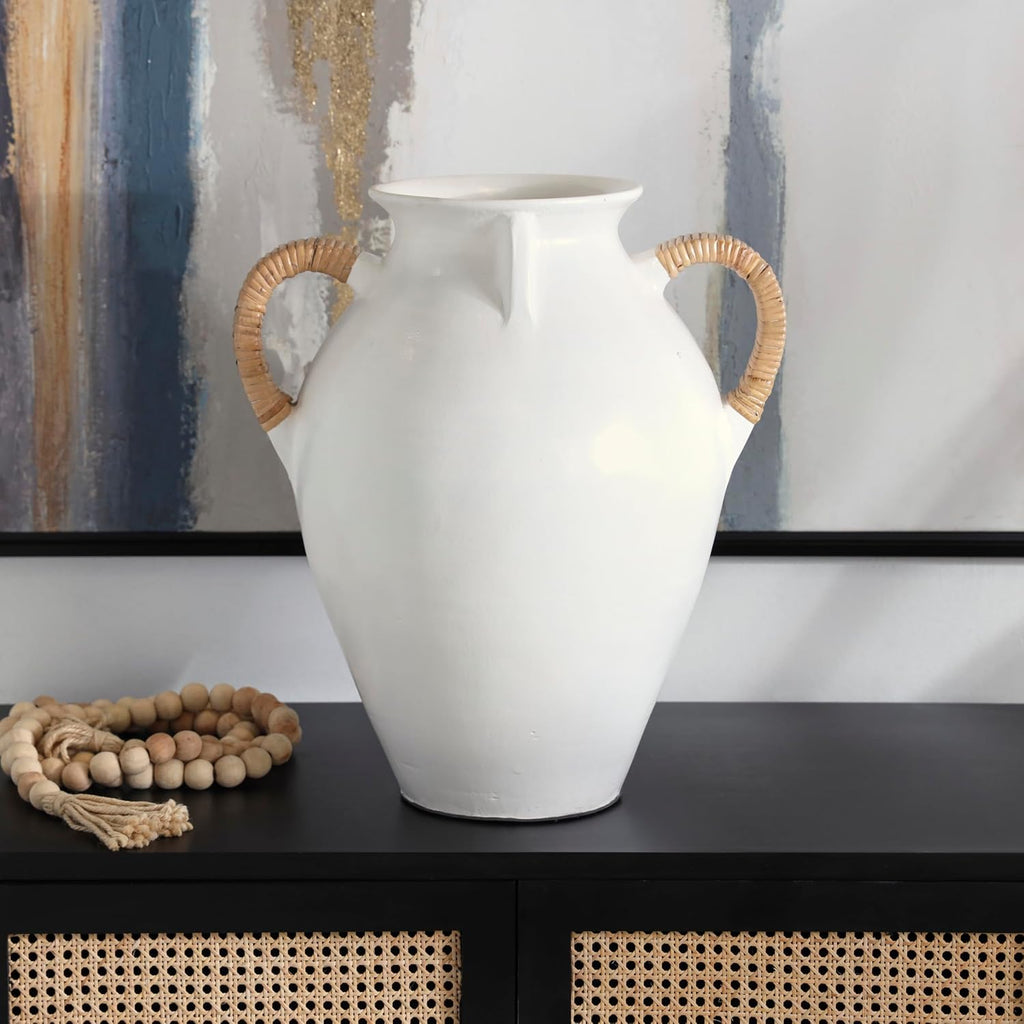 Deco 79 Ceramic Decorative Vase Jug Inspired Centerpiece Vase with Rattan Wrapped Handles, Flower Vase for Home Decoration 17' x 13' x 19', White