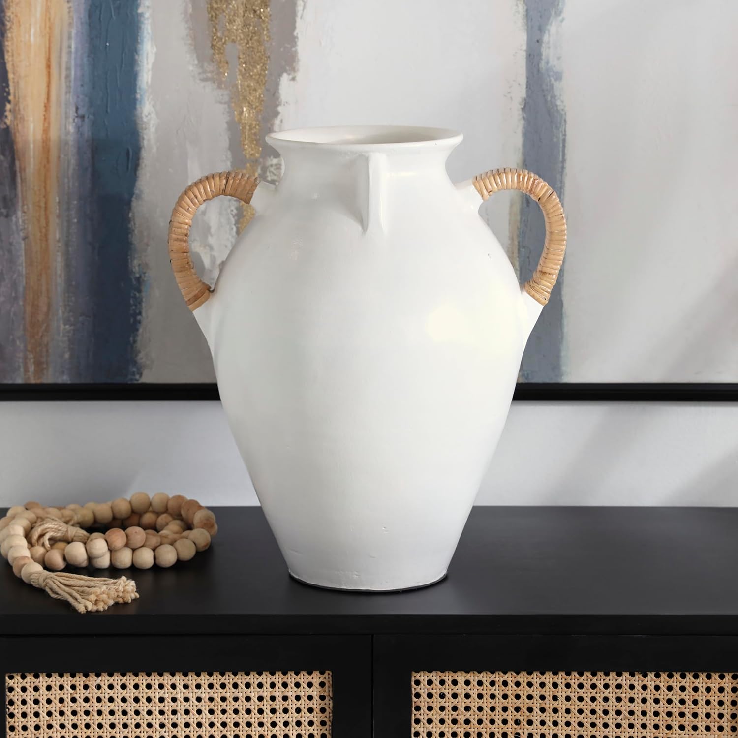 Deco 79 Ceramic Decorative Vase Jug Inspired Centerpiece Vase with Rattan Wrapped Handles, Flower Vase for Home Decoration 17' x 13' x 19', White