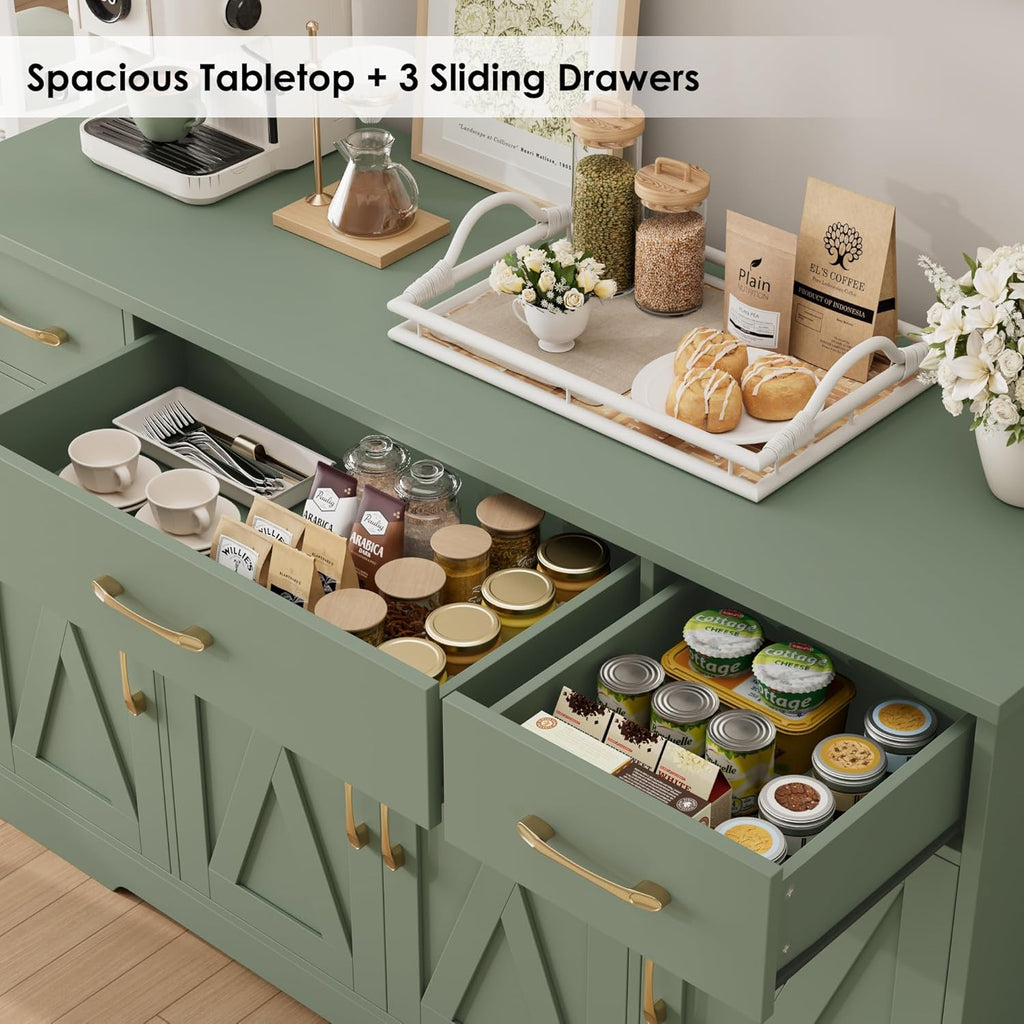 HOSTACK Buffet Sideboard Cabinet with Drawers, 55' Large Buffet Storage Cabinet with Shelves and Doors, Modern Farmhouse Coffee Bar Station for Kitchen, Dining Room, Green
