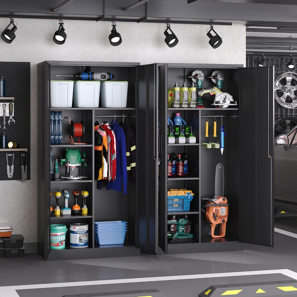 Broom Closet with Lock, Metal Storage Cabinet 36' Wide, 5-Tier Steel Utility Cabinet with Hanging Rod & Doors for Garage, Laundry Room, Warehouse Storage