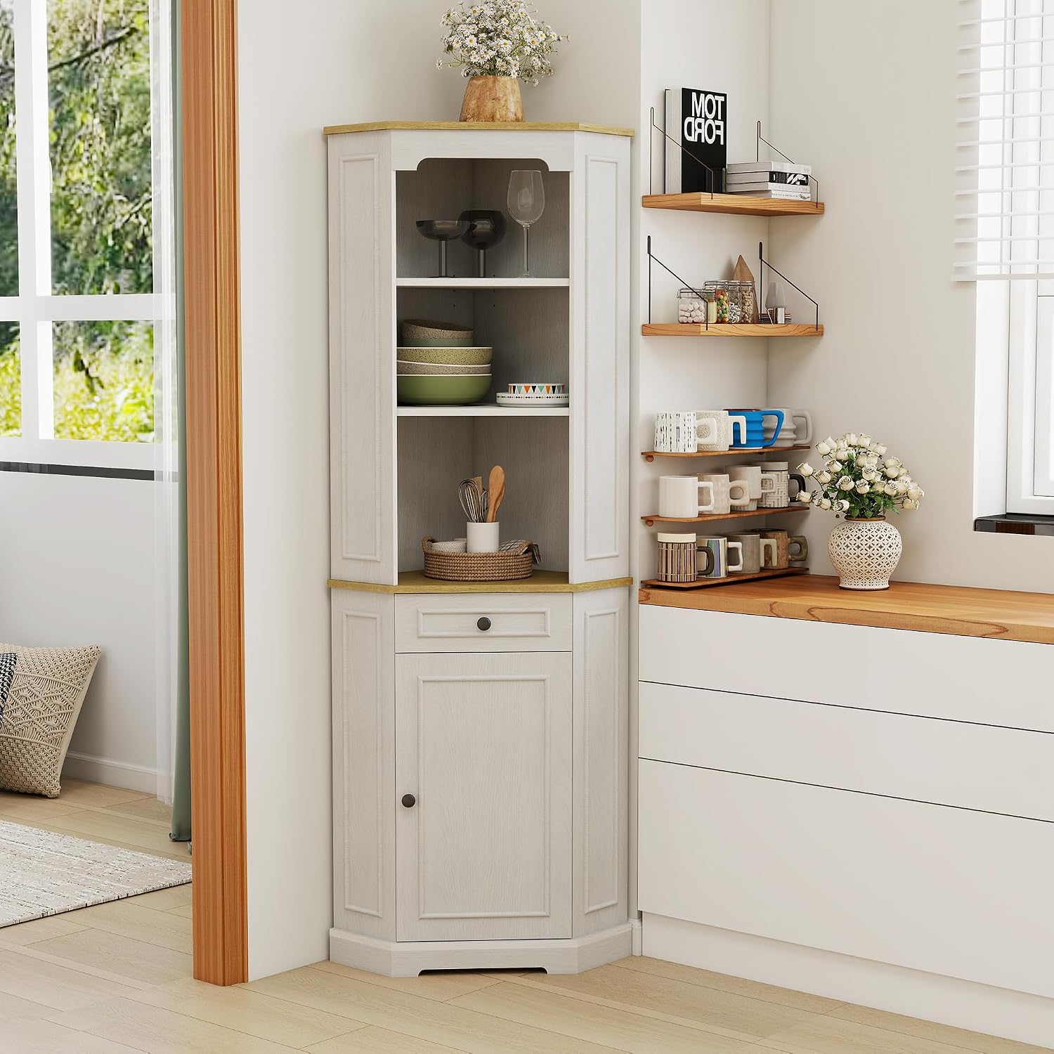RASOO 68.11' Farmhouse Corner Cabinet, Tall Five-Sided Pentagonal for Kitchen，3-Tiers Open Shelf and one Drawer and Door Corner Storage Hutch Cabinet for Living Room, Bathroom and Dining Room