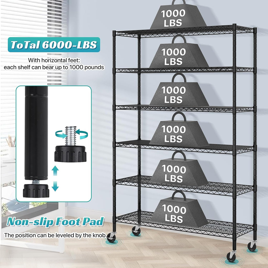 6 Tier Storage Shelves, Heavy Duty Storage Racks and Shelving Adjustable Metal Shelves, Steel Standing Shelf Units, 6000lbs Capacity, Wire Shelf for Warehouse, Garage, Black