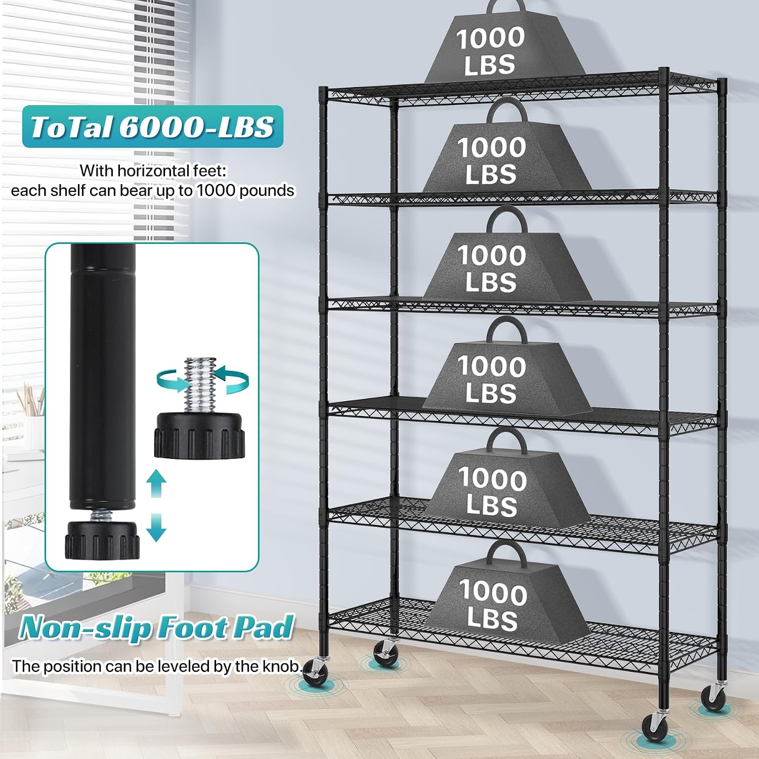 6 Tier Storage Shelves, Heavy Duty Storage Racks and Shelving Adjustable Metal Shelves, Steel Standing Shelf Units, 6000lbs Capacity, Wire Shelf for Warehouse, Garage, Black