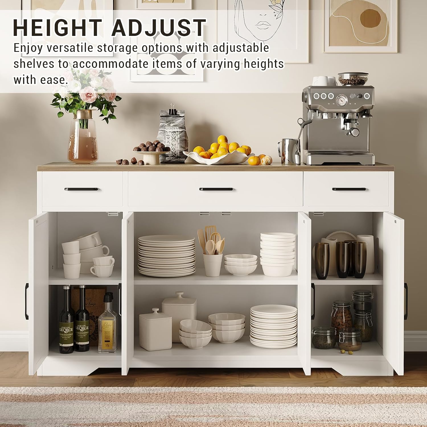 Garvee 55 in Large Buffet Sideboard Cabinet with Storage 4 Doors and 3 Drawers Kitchen Storage Cabinet Coffee Bar Buffet Table for Dining Room, Living Room, Adjustable Shelf