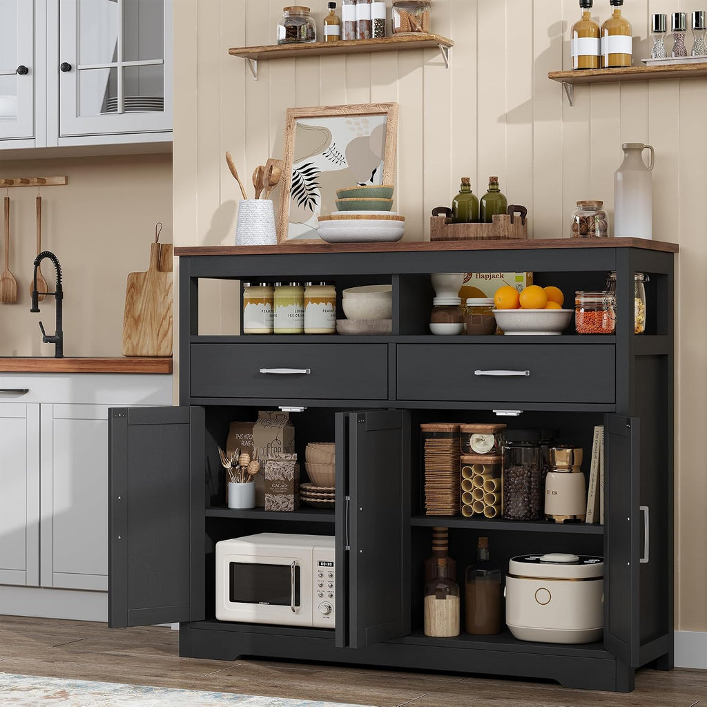 knoworld Buffet Sideboard with Storage Farmhouse with 4 Doors, 47'' Large Kitchen Storage Cabinet Wood Coffee Bar Cabinet Buffet Table with Shelves for Kitchen, Dining Room, Entryway