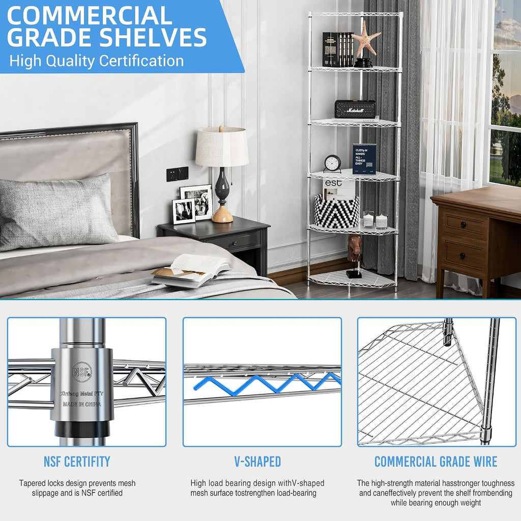Pentagonal Corner Storage Rack, 6 Tier Metal Corner Shelf Wire Shelving Unit, 600lbs Capacity, NSF, Adjustable Height, Leveling Feet and Liners, Ideal for Bathroom, Kitchen, 72'H x 20'L x 20'W Chrome