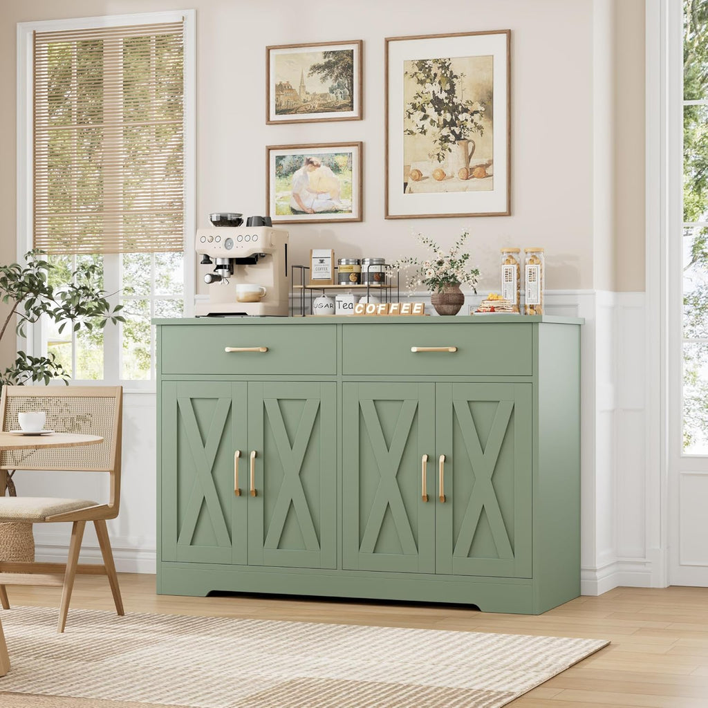 HOSTACK Buffet Cabinet with Storage, 47.2' Kitchen Sideboard Buffet with Drawers, Modern Farmhouse Coffee Bar Station with Shelves, Barn Doors Storage Cabinet for Living Room, Green