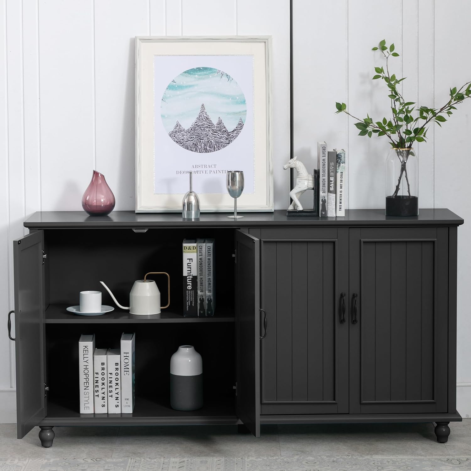 Scurrty 62'' Coffee Bar Cabinet Kitchen with Storage, Buffet Cabinet with Storage, Sideboard Buffet for Dinning Room, Kitchen & Living Room (4 Doors, Black)