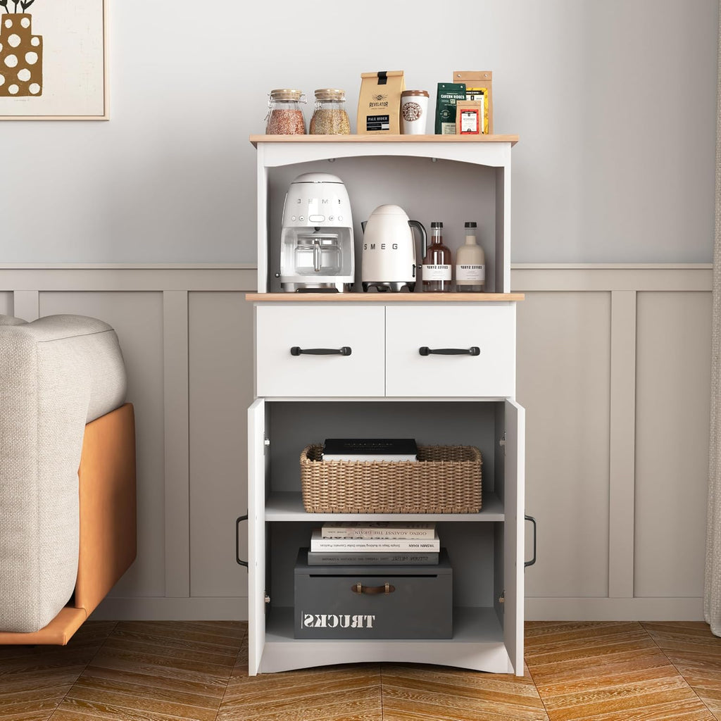GDFStudio Wooden Kitchen Pantry Cabinet with Microwave Stand & Storage Drawer, Modern MDF Storage Cabinet with Adjustable Shelf, 2 Doors, Rectangle Home Organization Cupboard, White
