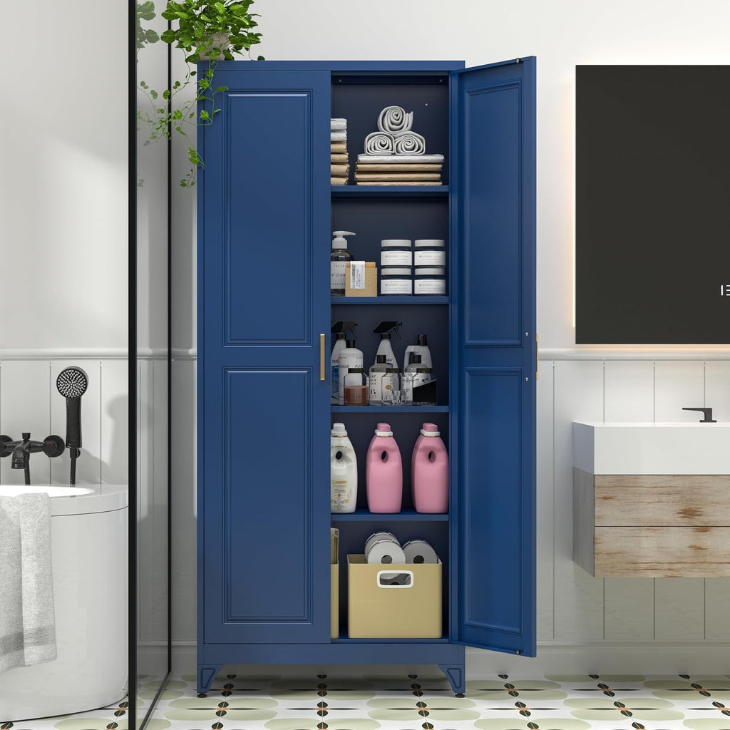 Polup Metal Storage Cabinet,75' Tall Kitchen Pantry Storage Cabinet with Doors and Adjustable Shelves, Blue Metal Pantry Cabinets, Large Cupboard for Kitchen, Dining Living Room, Bathroom, Office
