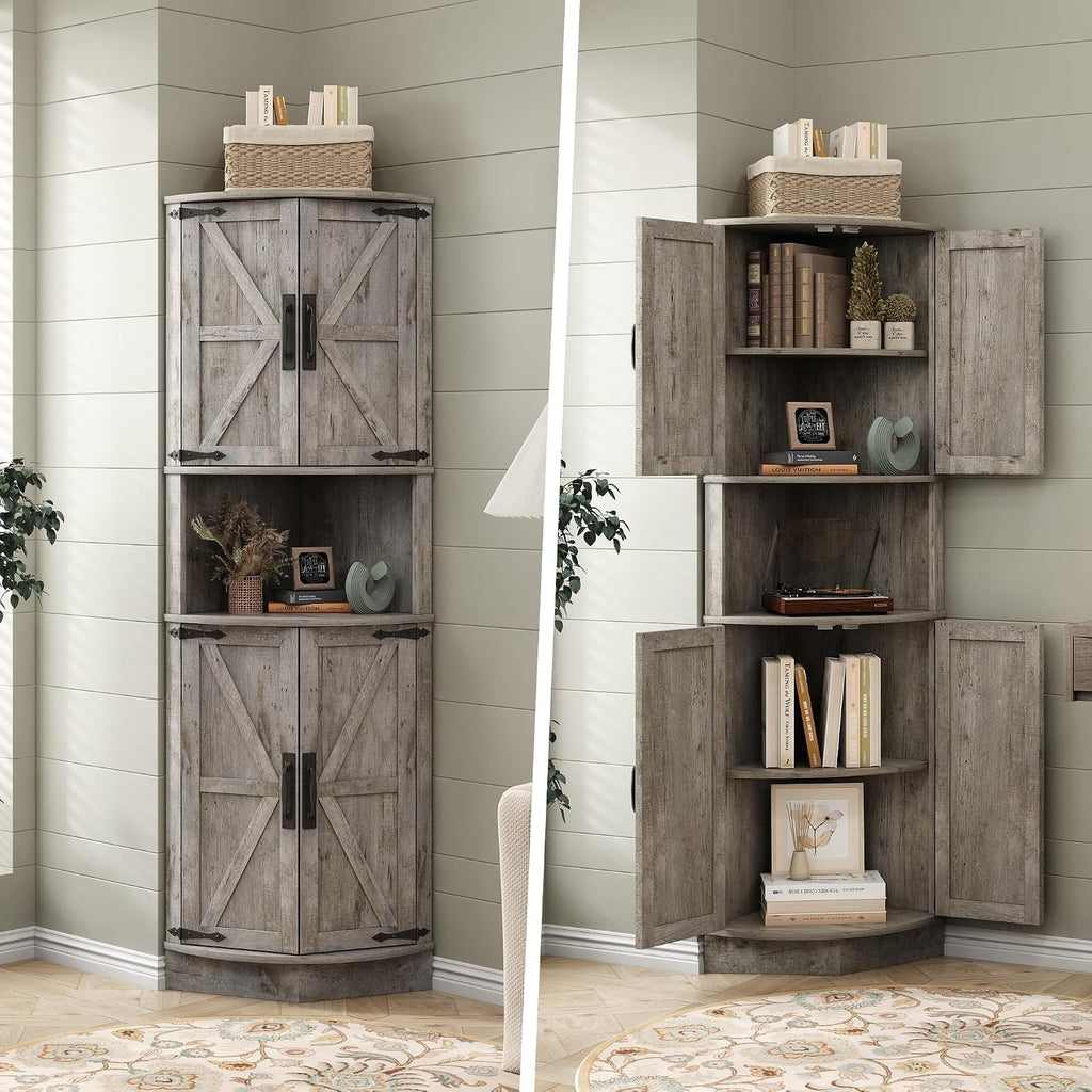 Vabches 64.8' Tall Farmhouse Corner Cabinet with 4 Doors and 5 Storage Shelves, Farmhouse Storage Cabinet with Barn Door Design, Home Space Saver for Living Room, Kitchen, Laundry Room,Grey