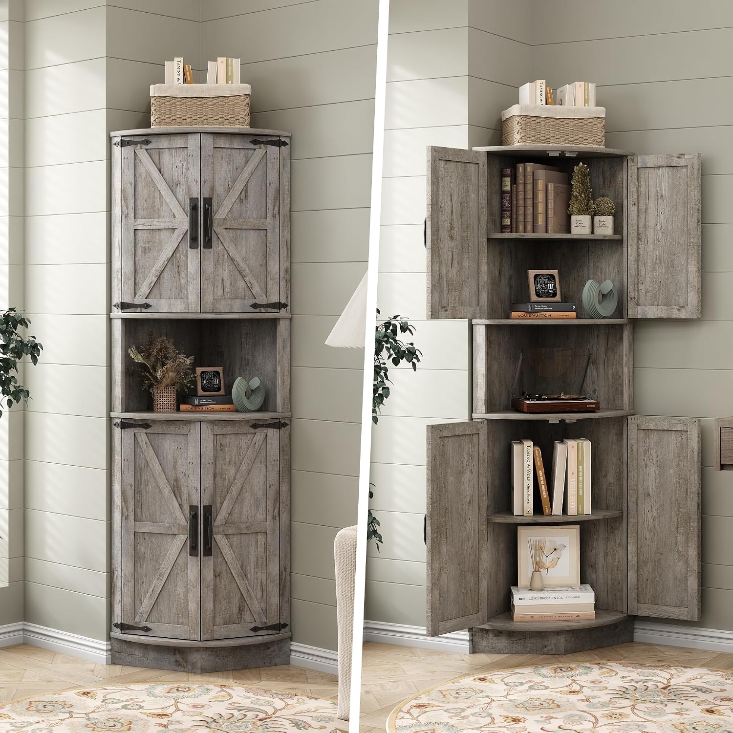 Vabches 64.8' Tall Farmhouse Corner Cabinet with 4 Doors and 5 Storage Shelves, Farmhouse Storage Cabinet with Barn Door Design, Home Space Saver for Living Room, Kitchen, Laundry Room,Grey