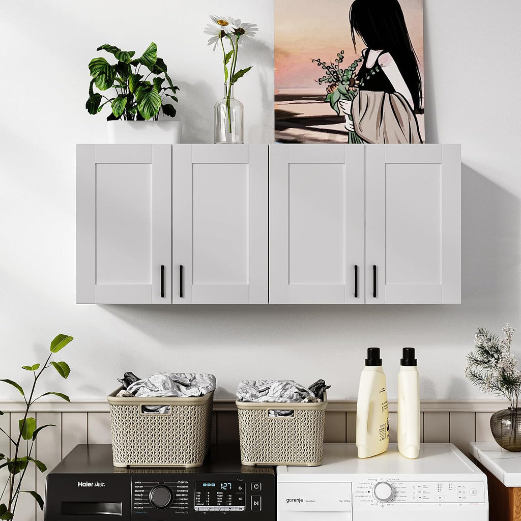 Wooden White Laundry Room Cabinets and Storage with 4 Doors and Adjustable Shelf，Gabinetes para Cocina Cupboard Kitchen Organizers and Storage Pantry Wall Mounted 12.4' D x 47.2' W x 19.7' H