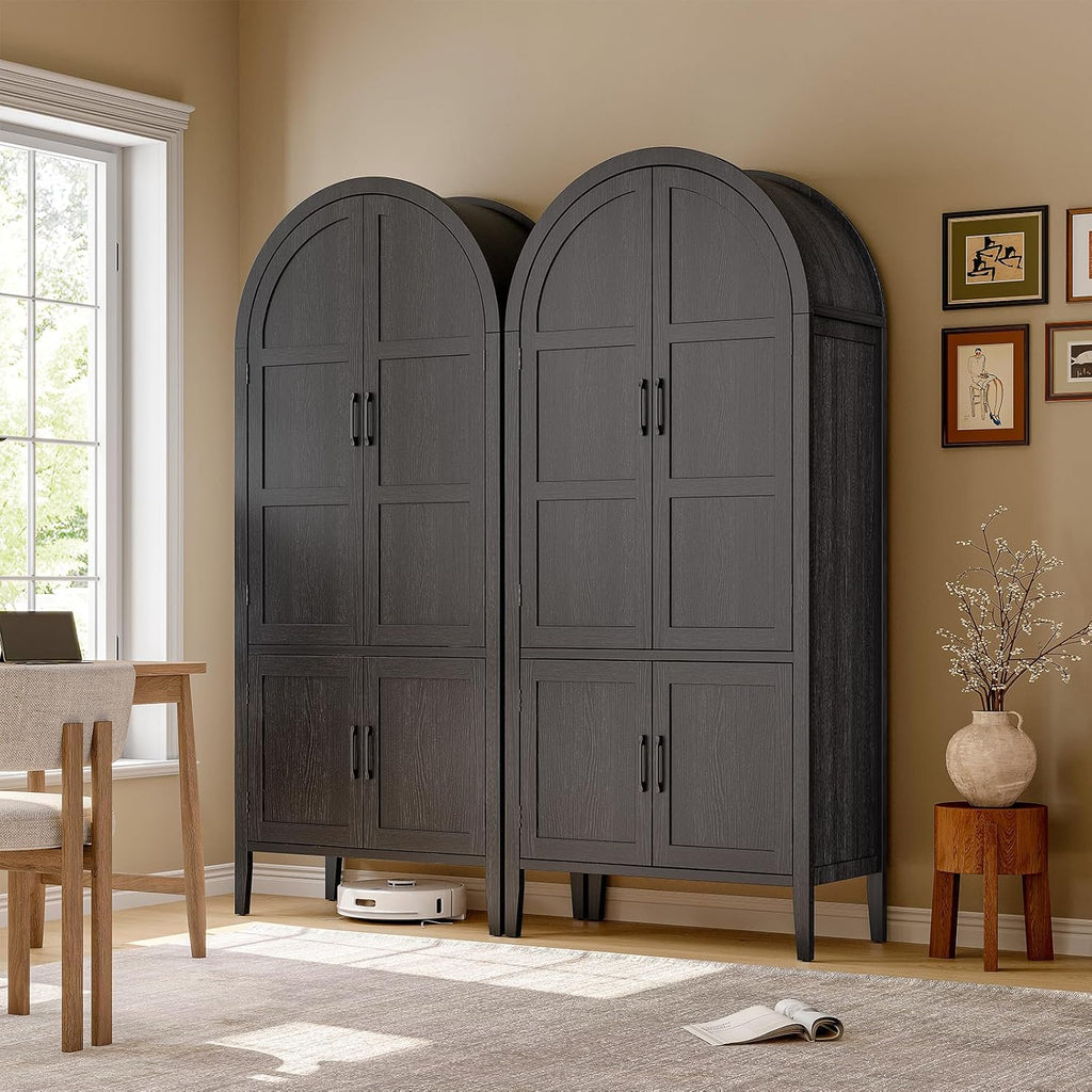 ONBRILL 71' Tall Wooden Arched Cabinet, 5-Tier Arched Kitchen Pantry Cabinet with Doors & Shelves, Farmhouse Kitchen Arch Cabinets with Adjustable Feet, Wooden Pantry Storage for Dining Room(Black)