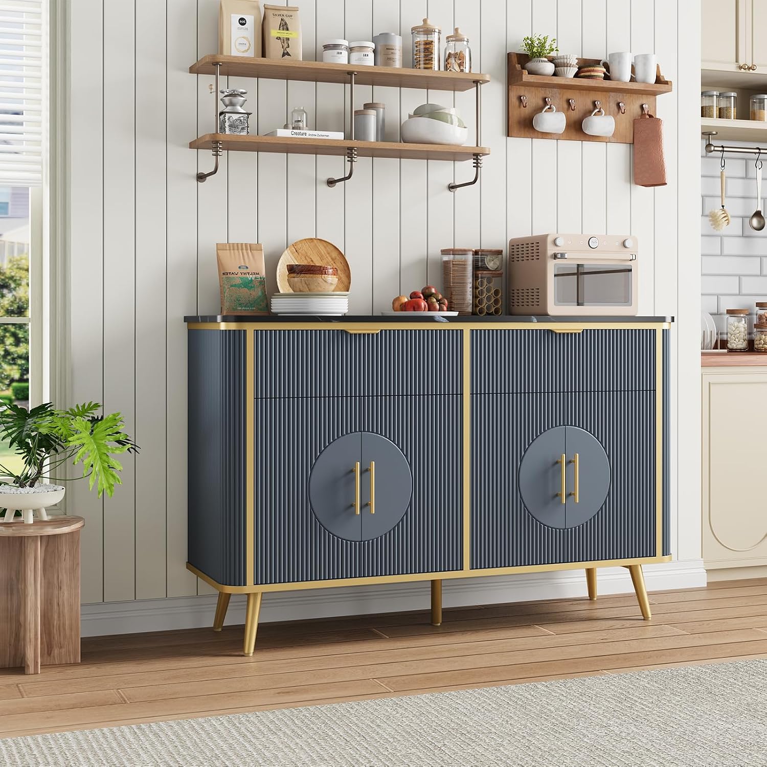 47.2' Buffet Storage Cabinet, Modern Fluted Coffee Bar Station with 2 Drawers & Adjustable Shelves, Kitchen Sideboard Buffet for Dining Room, Living Room, Hallway, Navy Blue