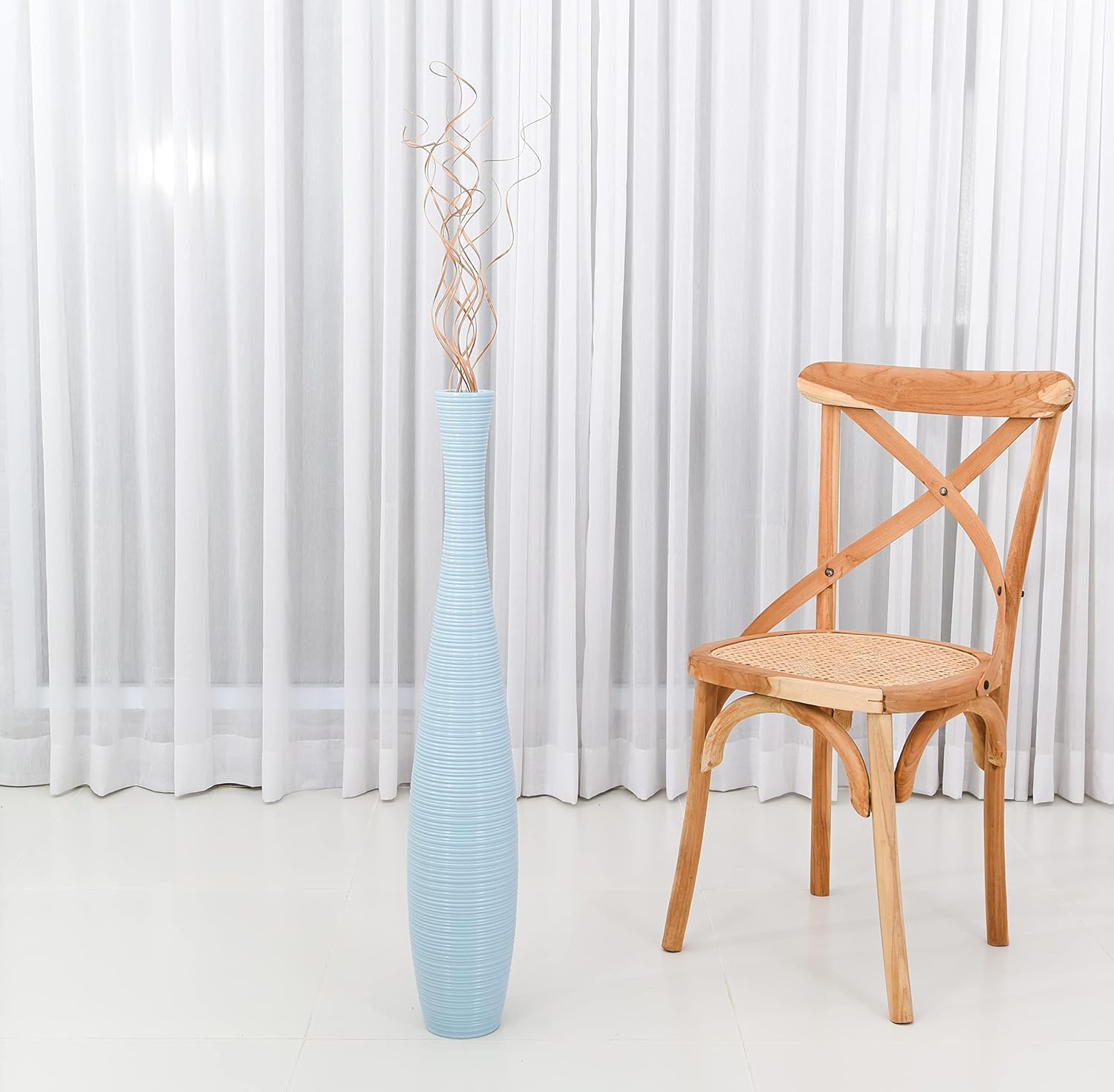 Leewadee Large Blue Home Decor Floor Vase - Wooden 34 inch Tall Farmhouse Decor Flower Holder for Fake Plant and Pampas Grass