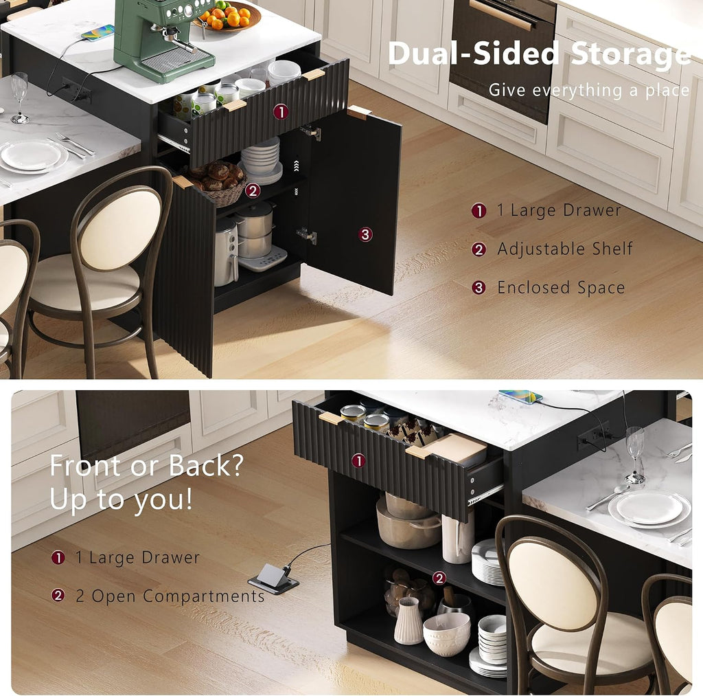 55'-82.6' Black Fluted Extendable Kitchen Island with White Faux Marble Top, Double Side Storage, 2 Drawers, Power Outlet & Spice Rack, Modern Expandable Island Table for Kitchen Dining Room Home Bar