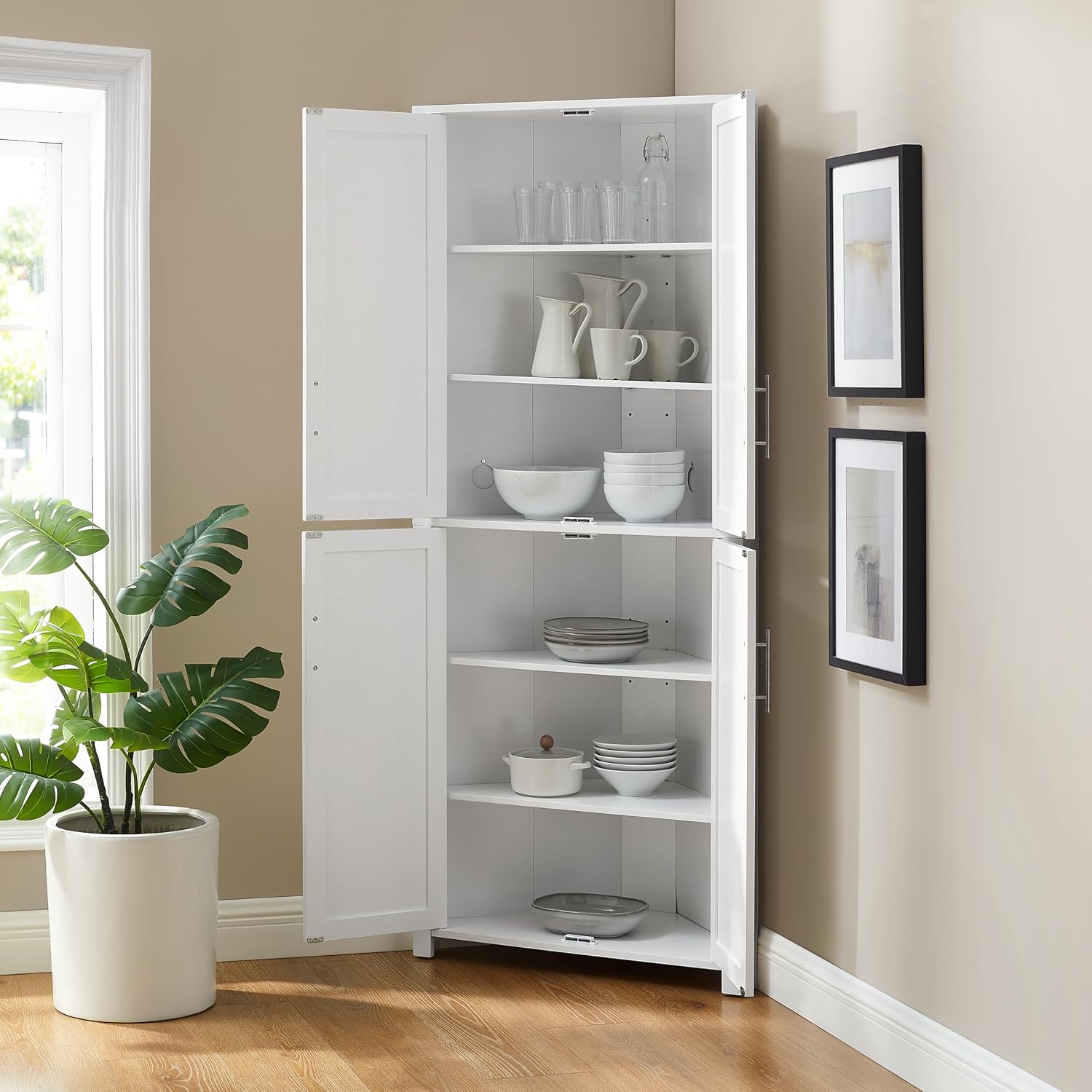 Crosley Furniture Savannah Traditional Corner Pantry Storage Cabinet with Shelves, Kitchen, Dining, Laundry, White