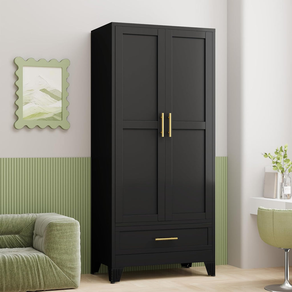 GAIOUS Steel Armoire Wardrobe Closet, 71' Household Wardrobe Cabinet with 2 Doors, 1 Adjustable Shelf and 1 Drawers, Metal Clothing Storage Cabinet with Hanging Rod for Bedroom, Cloak Room,Gym(Black)